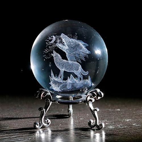 Miniatura 6 de vskikris Bola de cristal 3D con figuras de cabeza de lobo bolas de vidrio con soporte 3D Esfera de cristal pisapapeles regalos