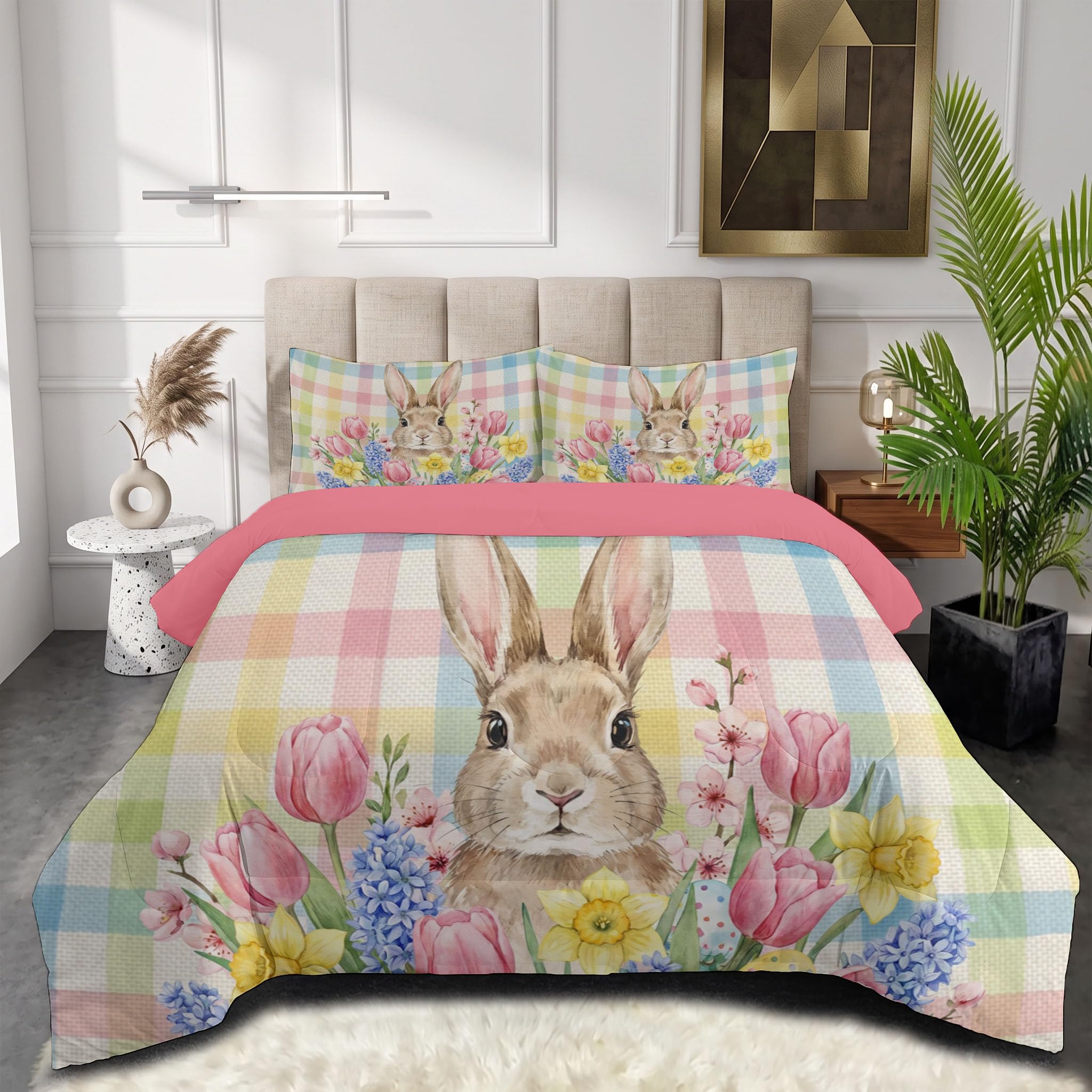 Piumino Letto Singolo Scozzese Floreale Country 140X200 Cm Per 4 Stagioni, Piumone In Microfibra 200 G/M² Coniglietto Carino Ad Acquerello Invernale, Trapunta Morbida Traspirante, Rosa