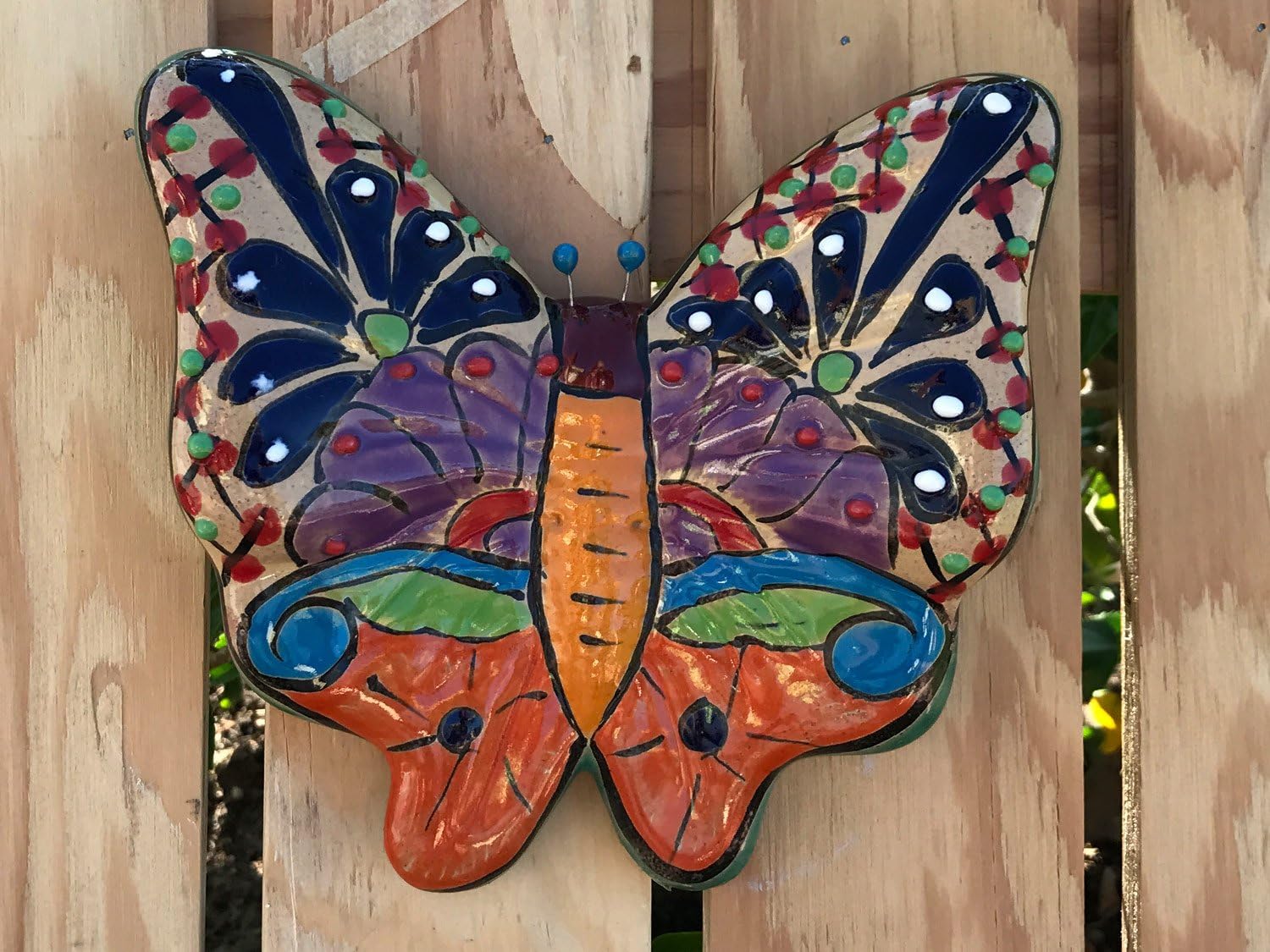 Authentic Puebla Fine Talavera Ceramic Butterfly 7" Pottery Mexico Hand Painted Hanging Wall Art Decor! Lifelike Shape [Lavender Centers]