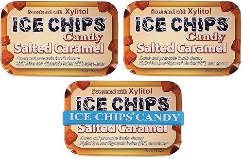 ICE CHIPS Latas de caramelo de xilitol (caramelo salado, paquete de 3)  Incluye banda como se muestra