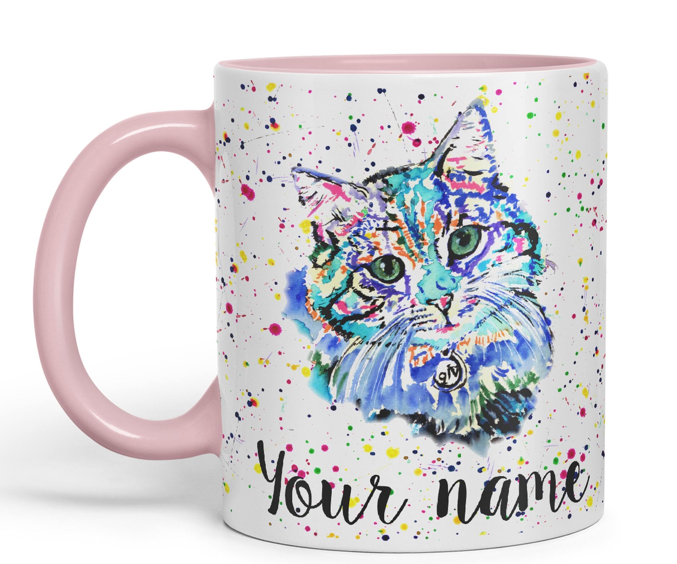 Vixar Personalised with Your Text Blue Cat Kitten Feline Watercolour Art Coloured Ceramic Mug Cup Gift 330ml 11oz Custom Work Office Tea Coffee (Pink)