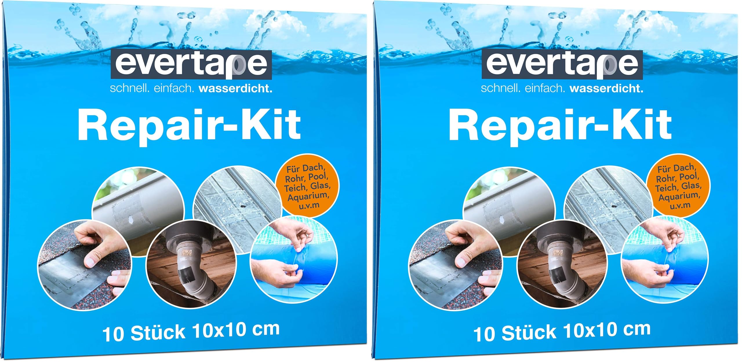 Evertape Repair Kit, Reparaturset, wasserdicht, Set zum Abdichten und Reparieren - auch auf nasser Fläche und unter Wasser verwendbar (10 x Tape 10 cm x 10 cm) transparent (Packung mit 2)