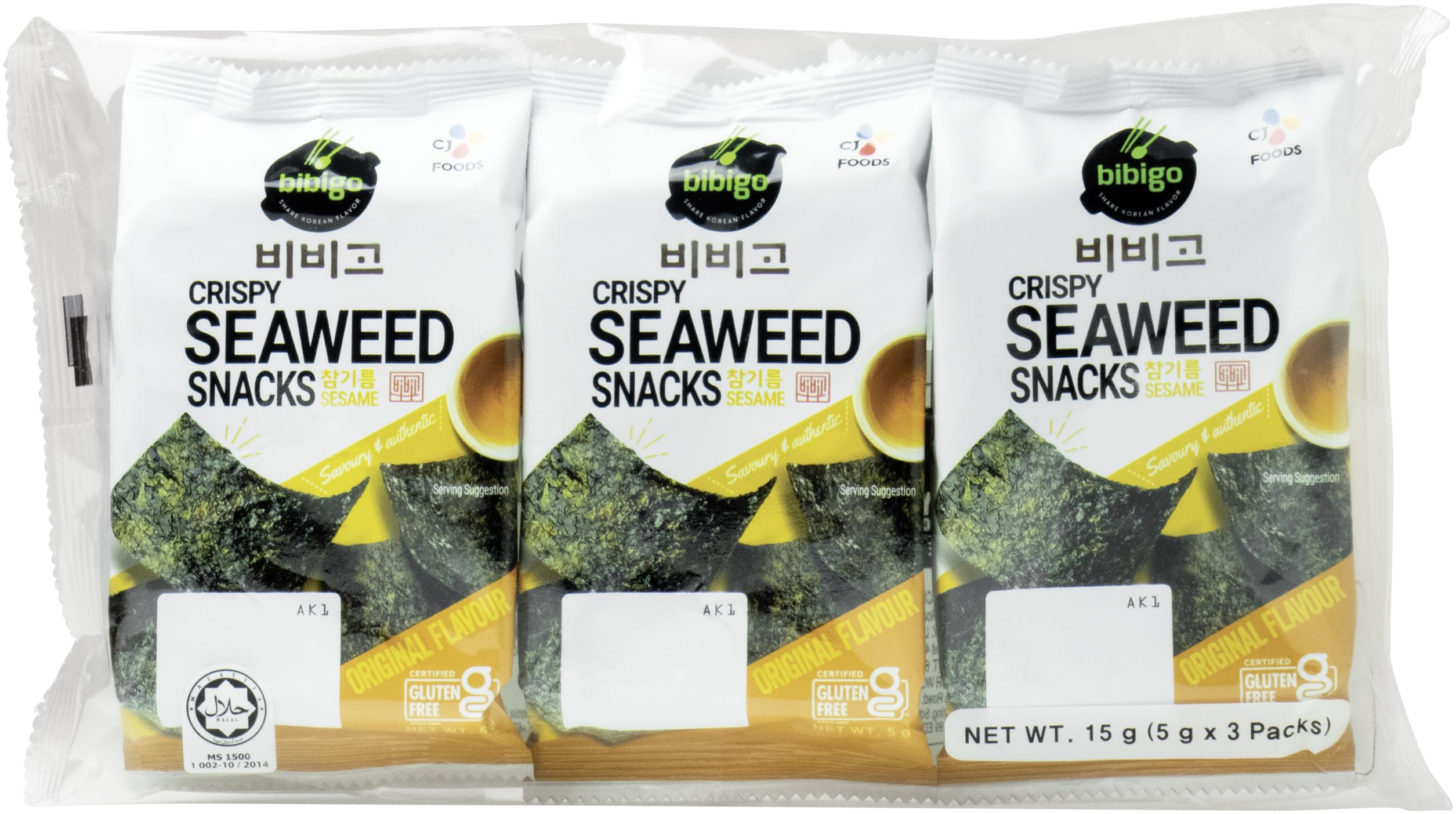 Cj Bibigo Snack Gim, Seasoned Seaweed Sesame 5grams X 3Packs, Multi Color