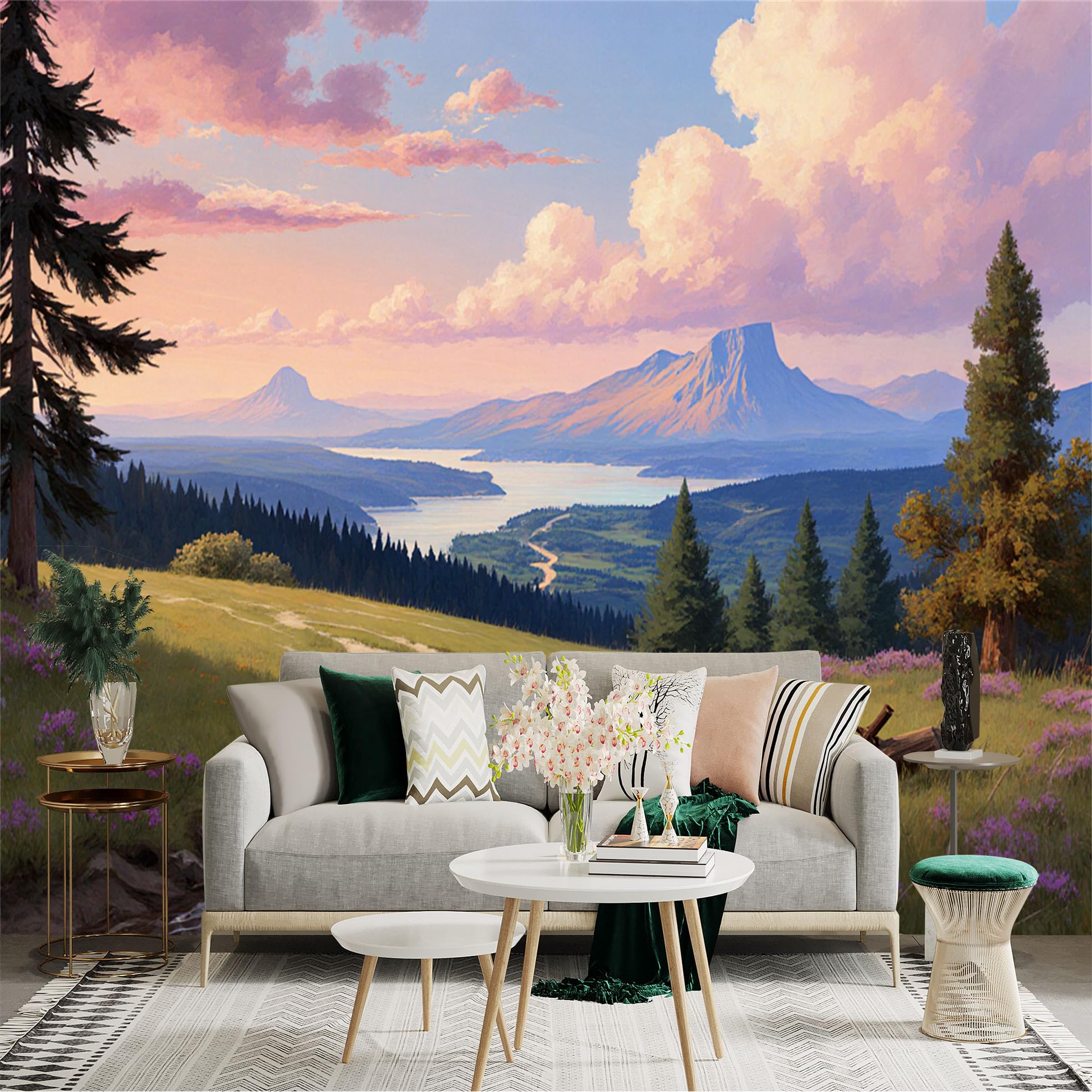 Lnzczhyre Xc260505262 Custom Size Wall Sticker Mural， Scenic Mountain Landscape， Serene River Valley， Vibrant Sunset Sky， Wildflower Meadow， For Wall Decoration， Peelandstick Wall Decals.