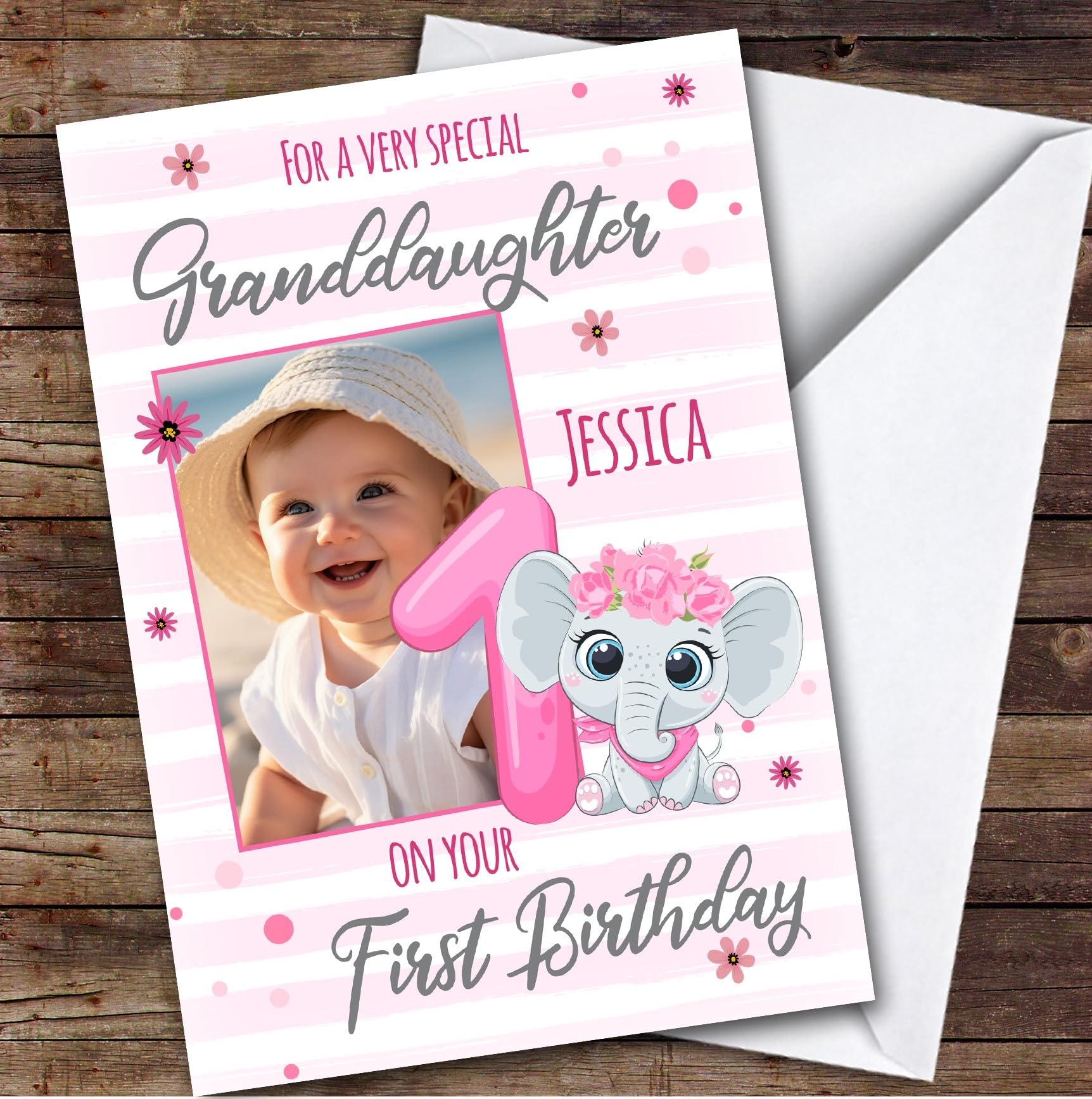Granddaughter 1st Pink Floral Elephant Photo Custom Personalised Birthday Card - Personalised Birthday Greeting Card for Kids, Custom Birthday Card