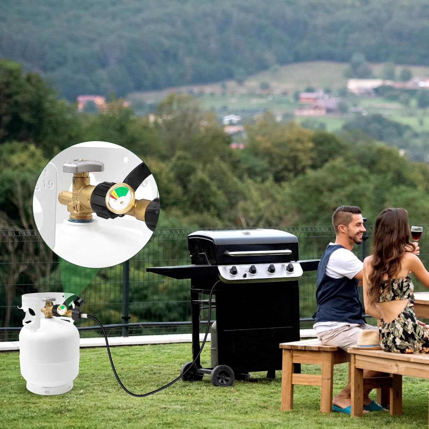 Propane Refill Adapter and Propane Tank Gauge Level Indicator 2 Pack, for LP Propane Tank 5-40 LB to Propane Heater Grill Stove, 4 Caps Included, Solid Brass