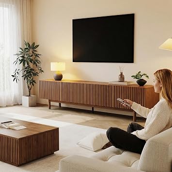 Mid Century Modern TV Stand for 85 Inch TV, Fluted Walnut TV Console with Storage, 4 Doors Media Console, Entertainment Center for Living Room