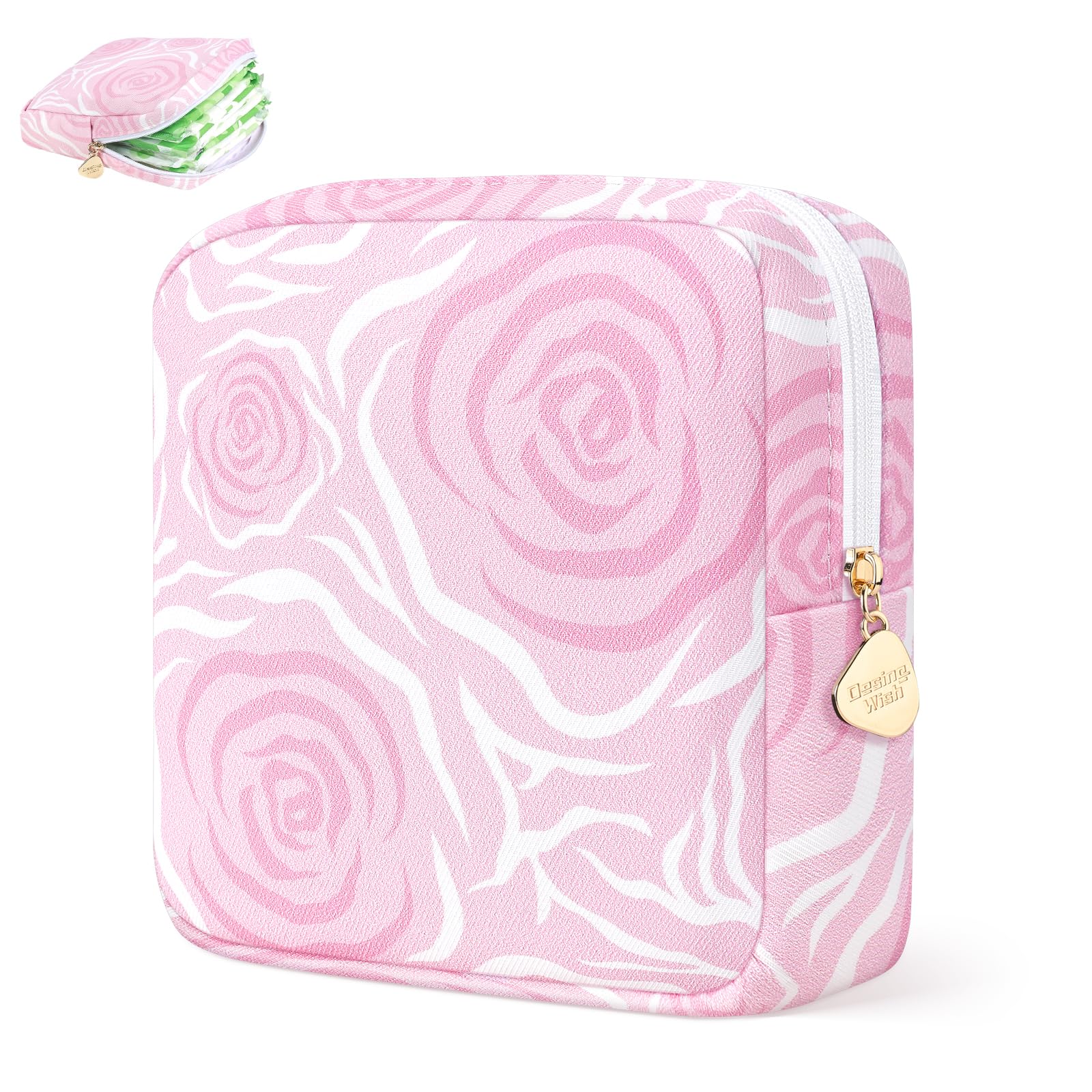 Sanitary Pad Storage Bag Portable Period Bag for Teen Pads/Sanitary Napkins/Small Tampons, Sanitary Napkin Storage Bag First Period Gifts for Teen Girls (Texture Rose)
