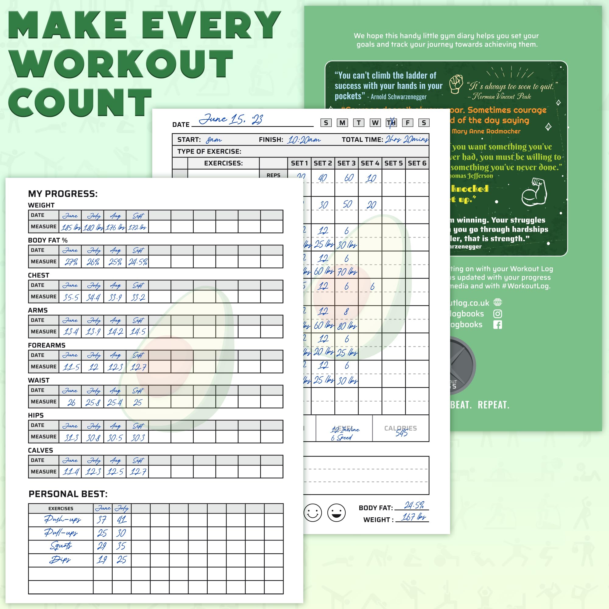 Fitness Logbook - Workout Planner - Formato A5, Verde avocado - Copertina più spessa migliorata - Diario di allenamento - Impostazione degli obiettivi per il bodybuilding - di Workout Log