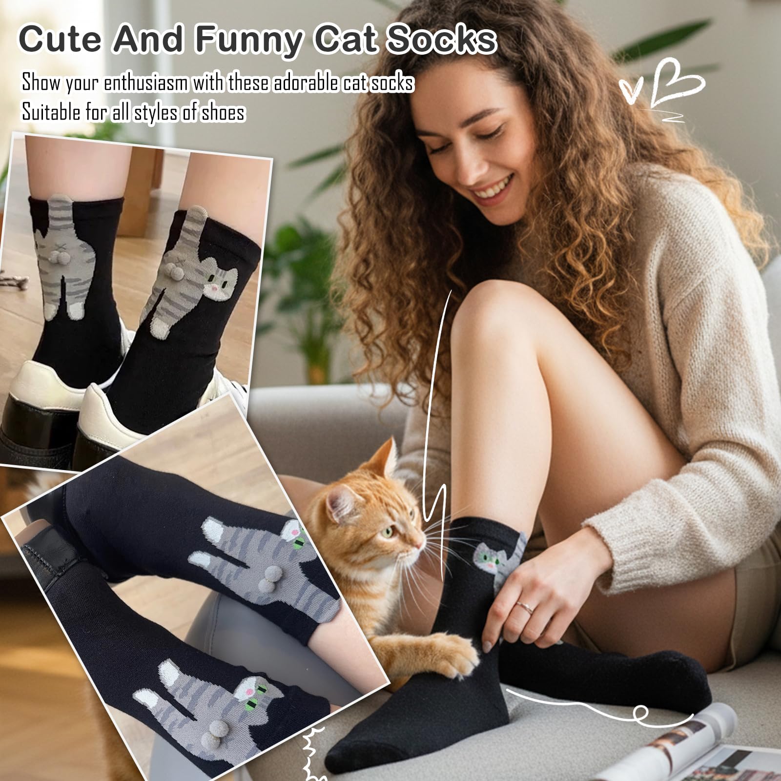 Cute cat balls socks, novelty fun animal socks cute fun white elephant gift for cat lovers