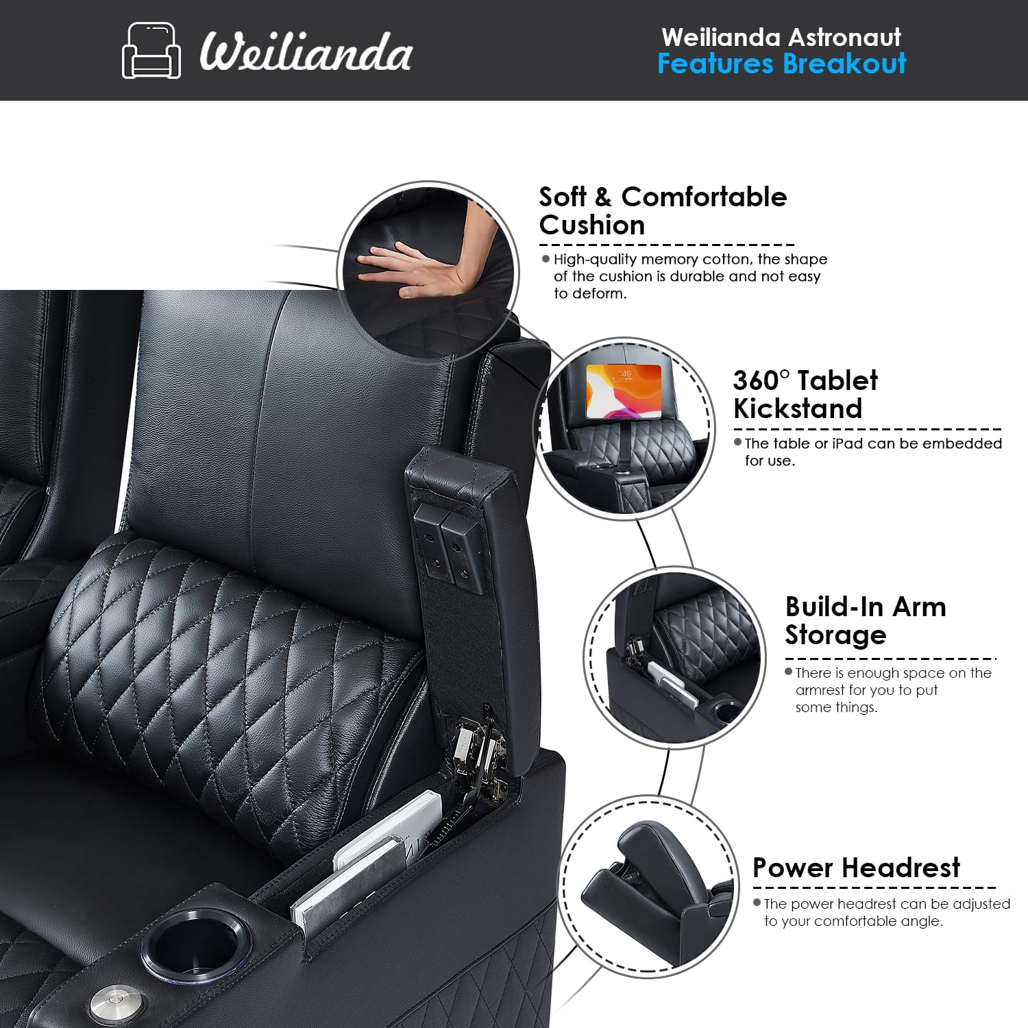 Weilianda Astronaut Zero Gravity Home Theater Seating Top Grain Leather Recliner Sofa Power Headrest Footrest with Carbon Fiber Tray Table, Tablet Stand, Type-C USB Charging, Cup Holder Row of 1 Black