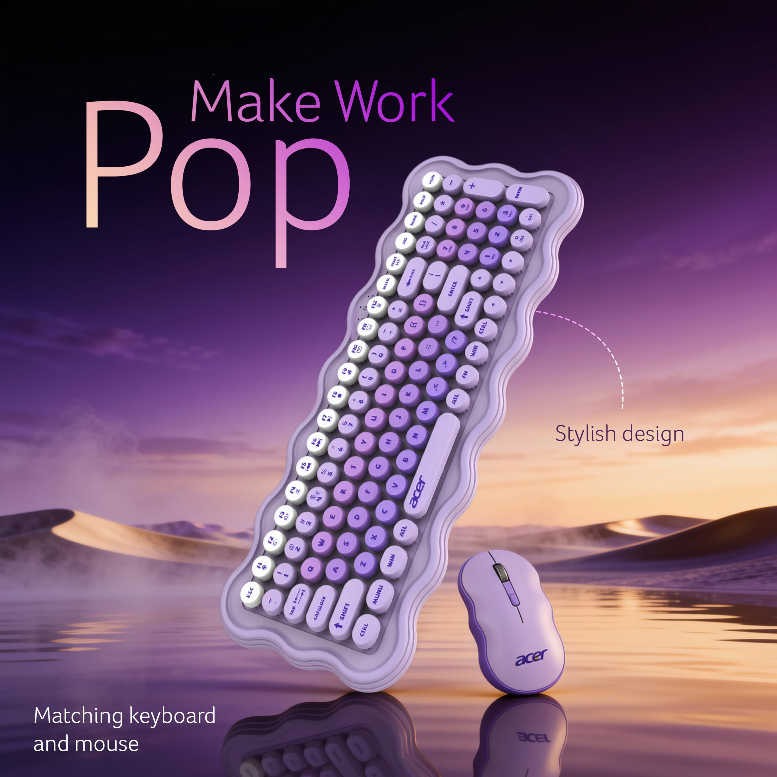 Acer PopGo Wireless Keyboard and Mouse Combo | 2.4GHz Wireless USB Receiver | Retro Round Keycaps Keyboard | 1200 DPI Optical Mouse | Plug & Play | Power Saving Design for PC, Laptop, Desktop | Purple — Amazon image 8