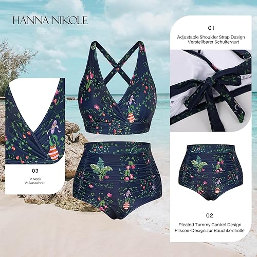 Miniatura 3 de Traje de baño de bikini con cuello en V para mujer, talla grande, cintura alta, fruncido con control de abdomen