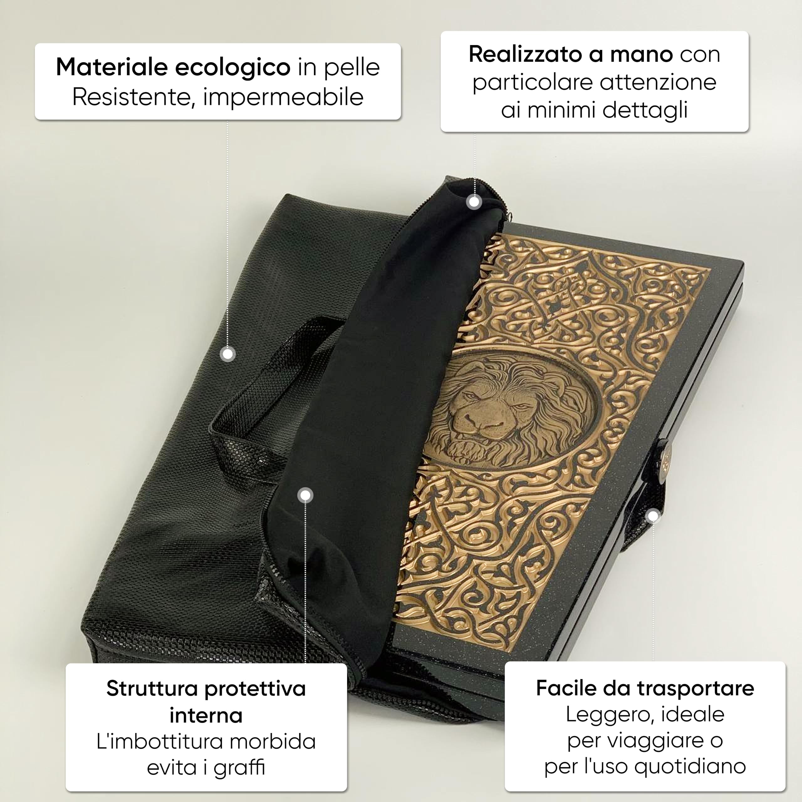 Backgammon di lusso "Leone d'oro" – Realizzato a mano in pietra acrilica e resina – 58 × 28 cm – Design reale e regalo con personalizzazione (Premium Size 58 cm)