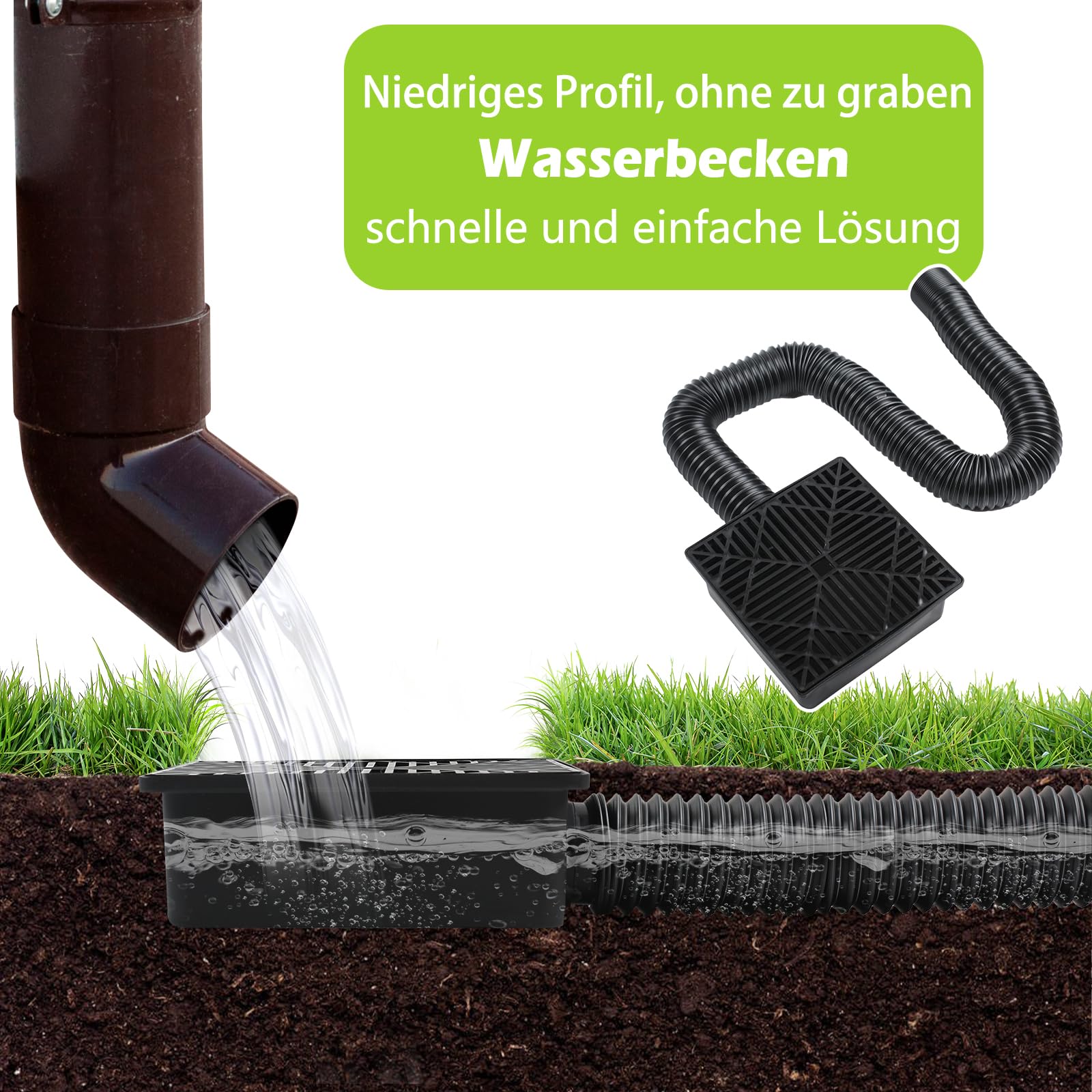 Drain de Gouttière, 23x23cm Regard Eau Pluviale avec 1,55m Flexible Pouces, Pluie Drain, Tuyau de Descente de Gouttière pour Pelouse, Ciment, Sol
