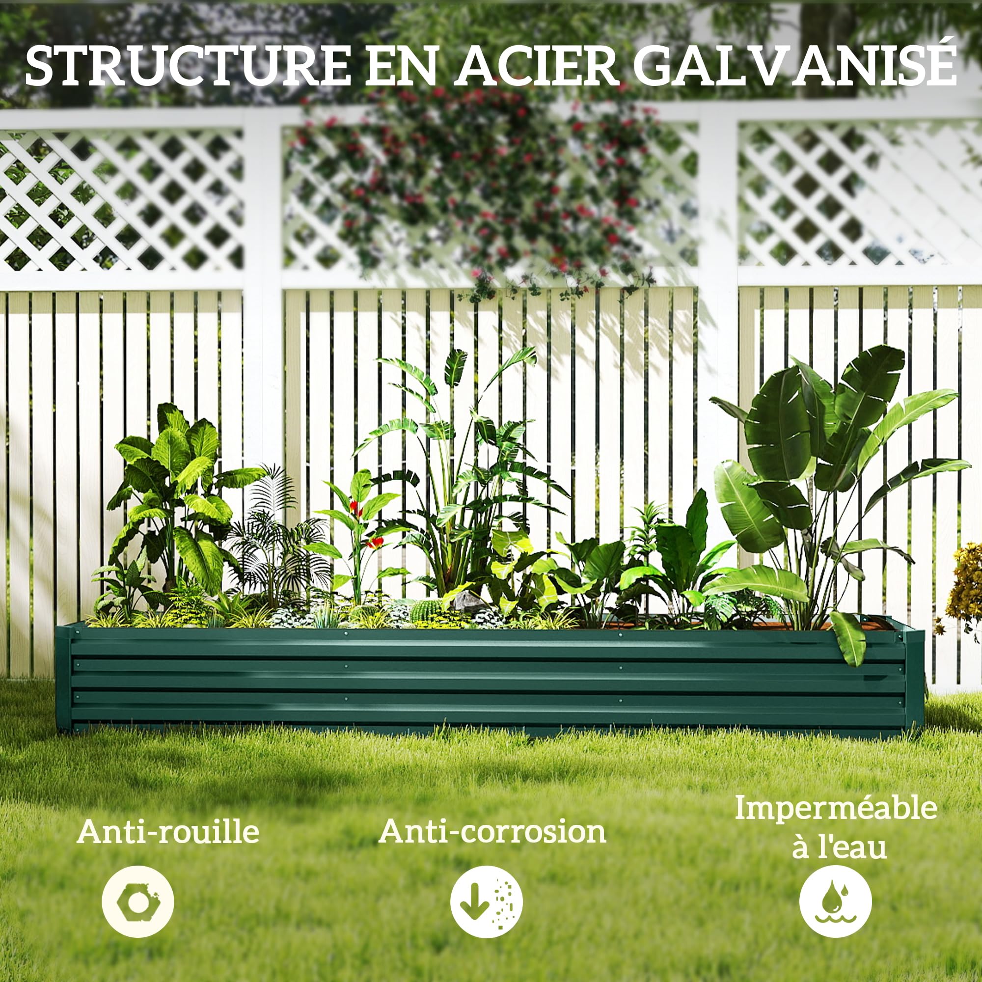 Outsunny Carré Potager Rectangulaire Acier Galvanisé 240x60x30cm Vert | Lit de Jardin Surélevé, Fond Ouvert, Jardinière avec Coins de Protection