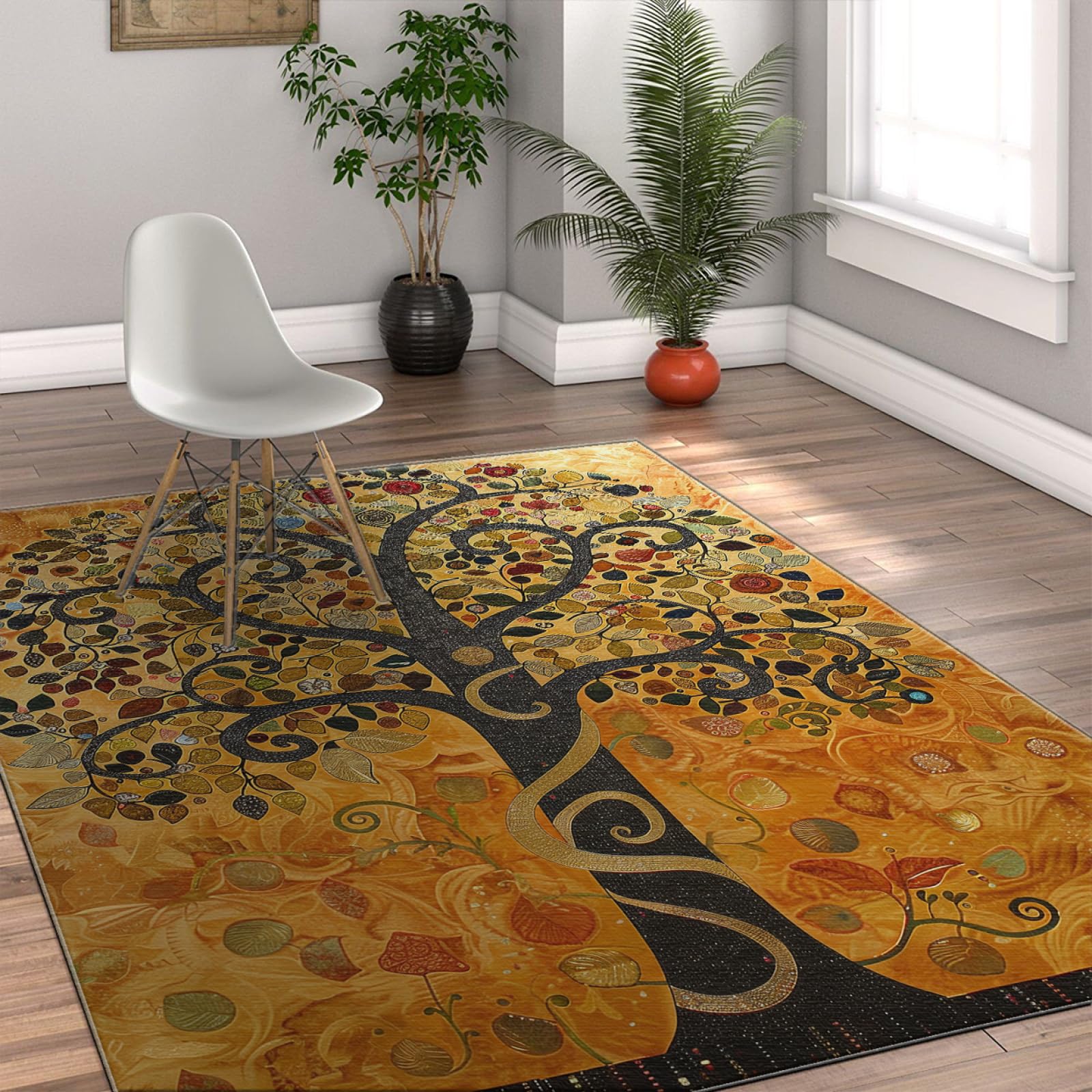 Retro Pflanzenblätter Teppich Gustav Klimt Stil Baum des Lebens 3D-Gedruckter Teppich Ideal für stark frequentierte Bereiche für Jungen und Mädchen im Spielzimmer 60x120cm