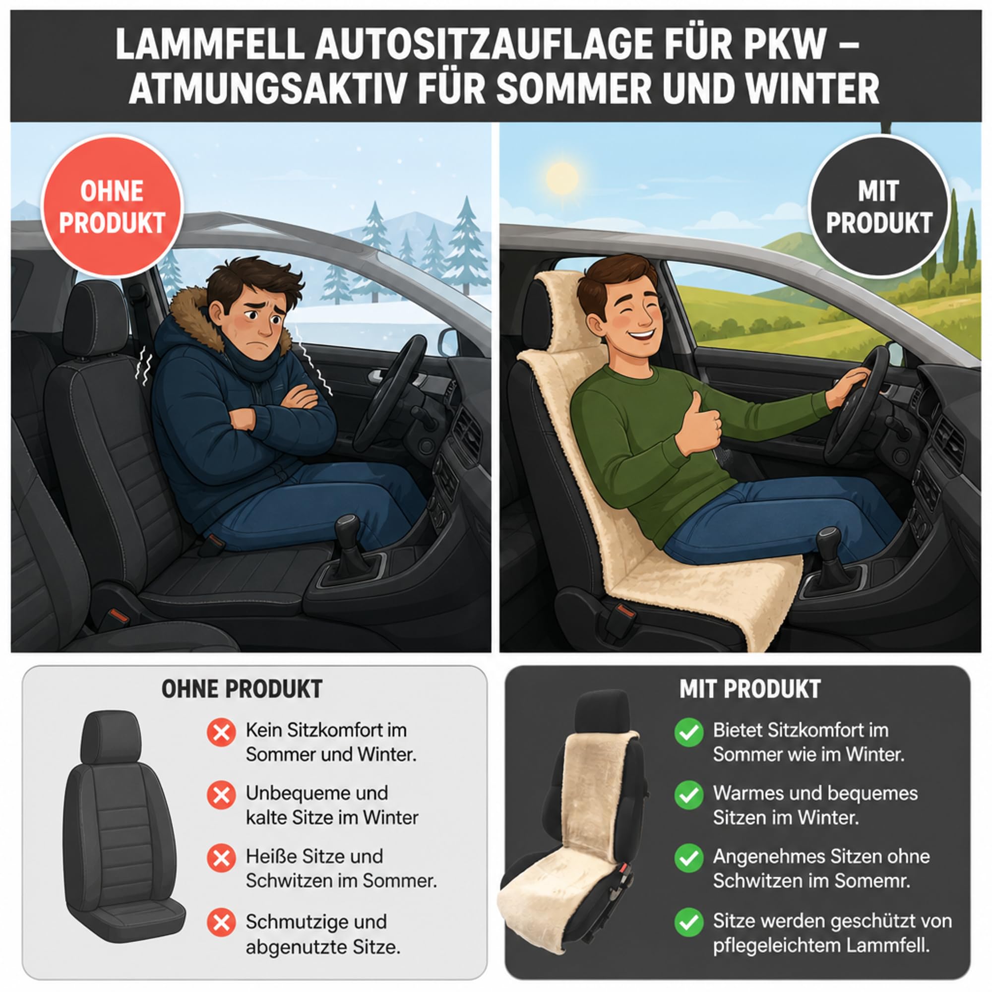 Lammfell Autositzauflage für PKW – Atmungsaktiv für Sommer und Winter – 36 x 135 cm, Universelle Passform (Beige)