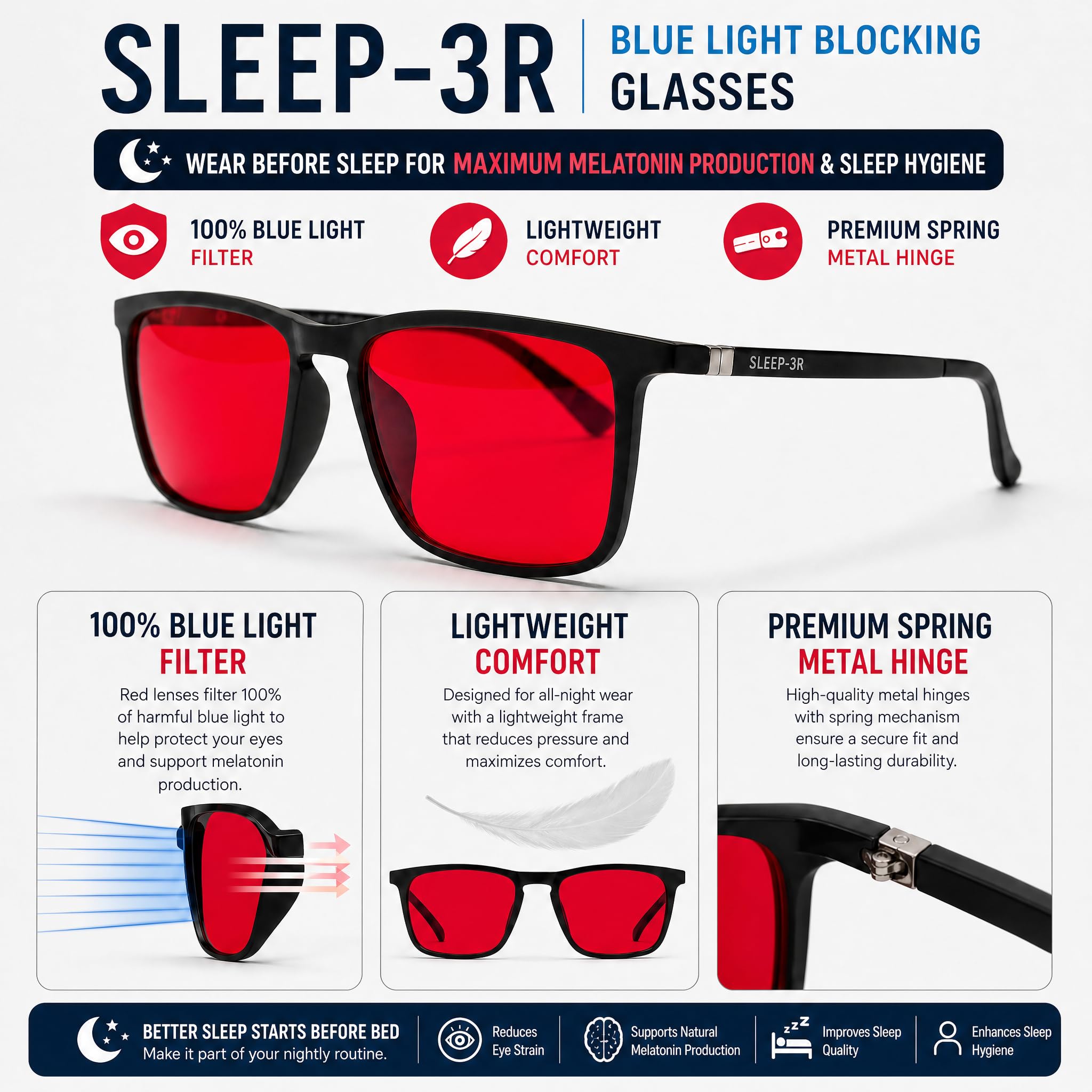 Lunettes rouges anti-lumière bleue SLEEP-3R Filtre 100% lumière bleue et verte pour PC Gaming homme femme