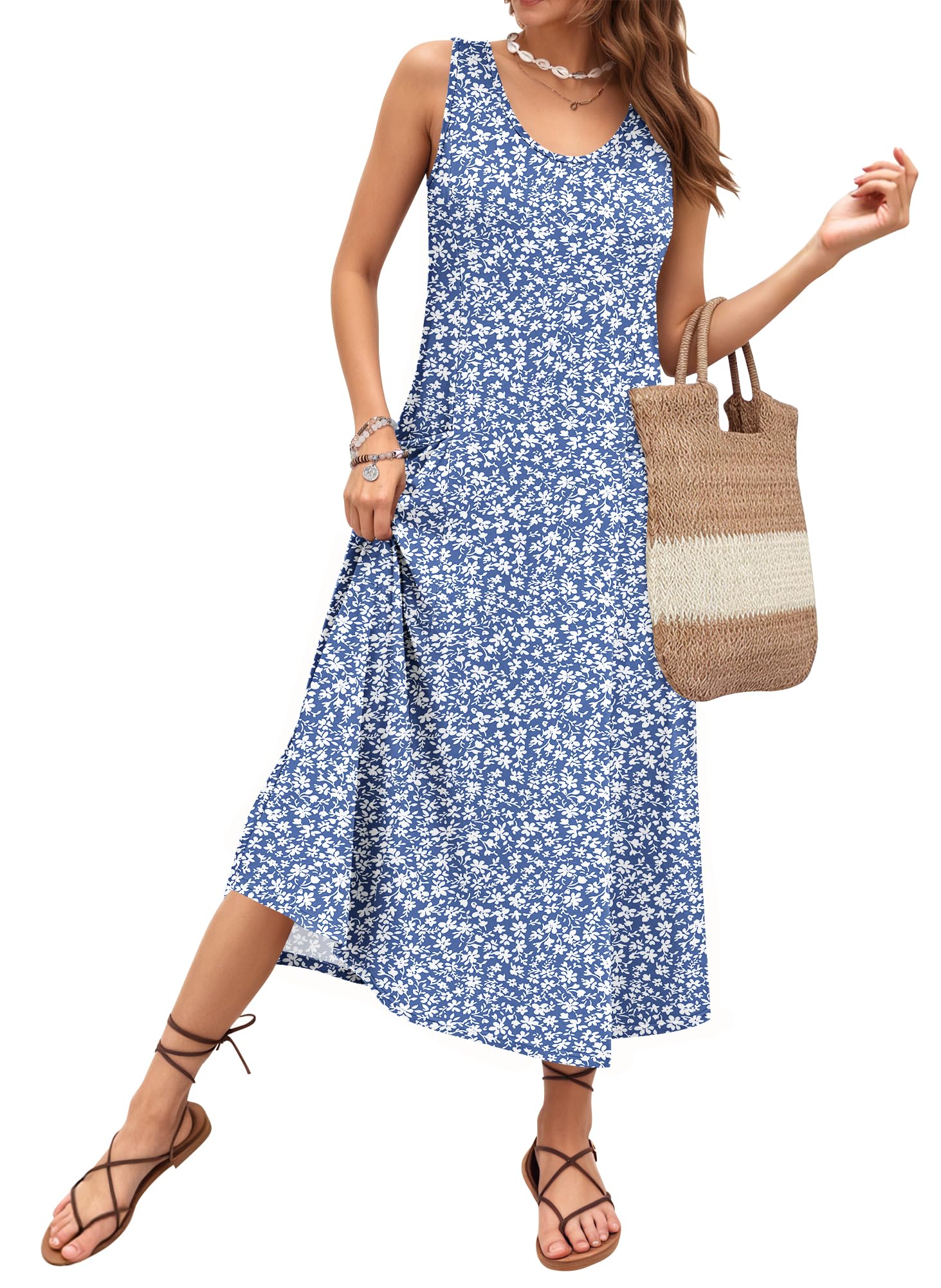 AUSELILY Sommerkleid Damen Lang Ärmellose Lockeres Maxikleider Damen Sommer U-Ausschnitt A Linien Strandkleid Damen Luftig Urlaubskleid mit Taschen