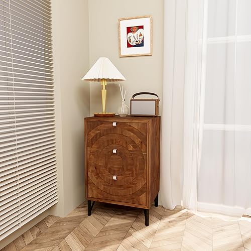 Miniatura 6 de Mesita de noche Mid-Century moderna, mesita de noche con 3 cajones para sala de estar, dormitorio, marco de metal industrial, color marrón