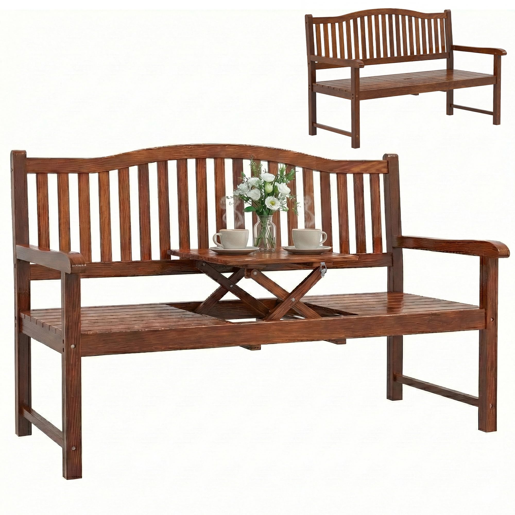 Outsunny Wooden Garden Loveseat with Waterproof Cover, 2-3 Seater Outdoor Bench with Liftable Table, Poplar Wood Jack and Jill Garden Seat with Armrests for Patio, Porch, Light Brown