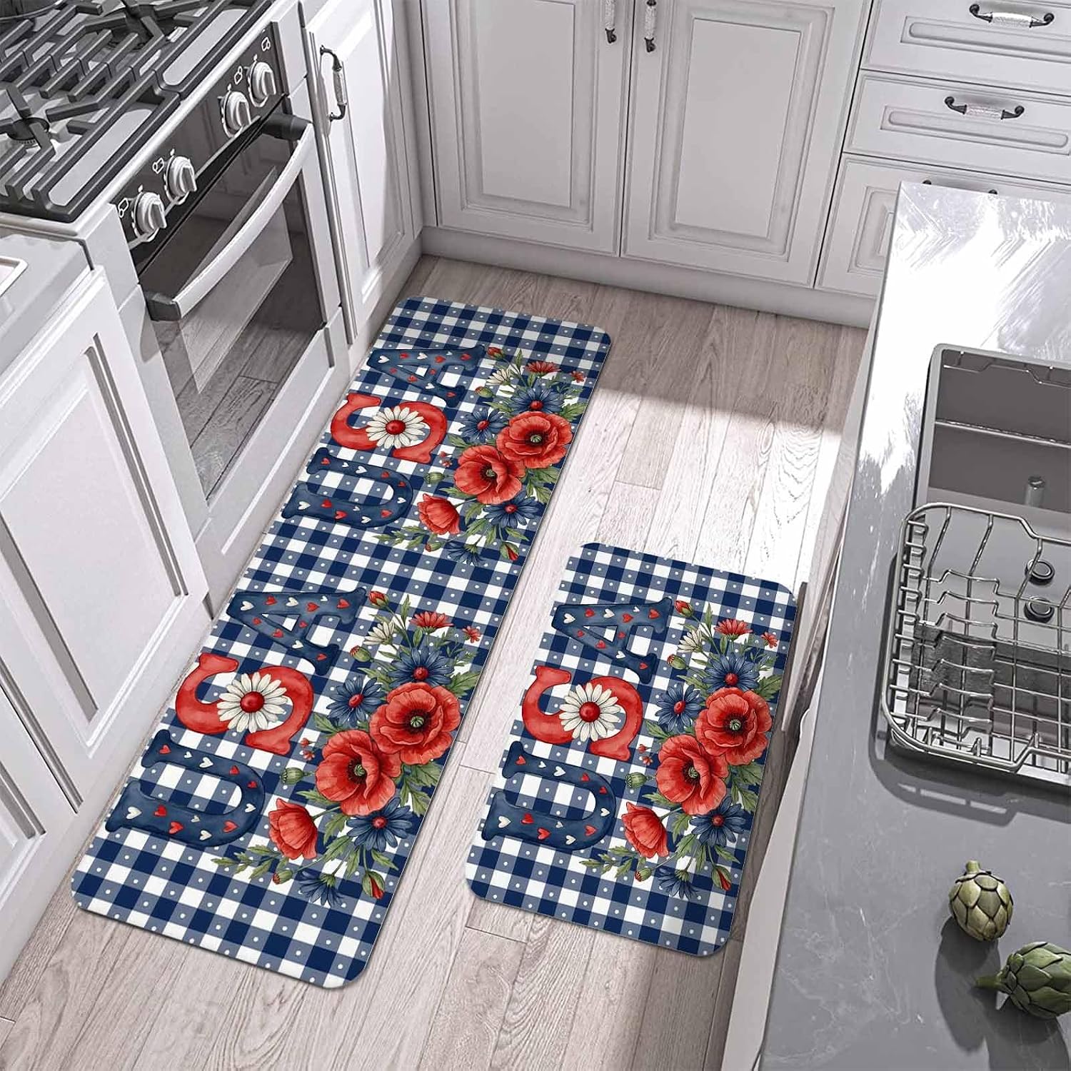 Prime Leader USA Independence Day Kitchen Mat Set 2 Pieces Summer Red Blue Floral Blue Plaid Non Slip Kitchen Rugs Washable Runner Rug Mats for Sink Laundry (19.7" x 31.5"+19.7" x 47.2")