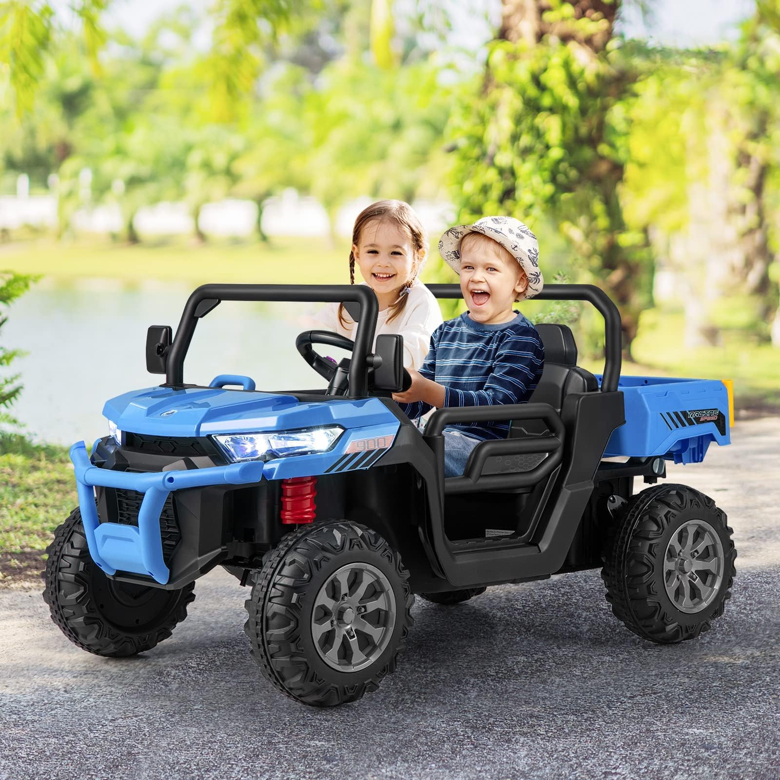 OLAKIDS 2 Seater Ride On Car, 12V Off-Road UTV Electric Vehicle with Remote Control, Dump Bed, Extra Shovel, Music, USB, AUX, Rocking Function, Kids Toddlers Battery Powered Truck (Azure)
