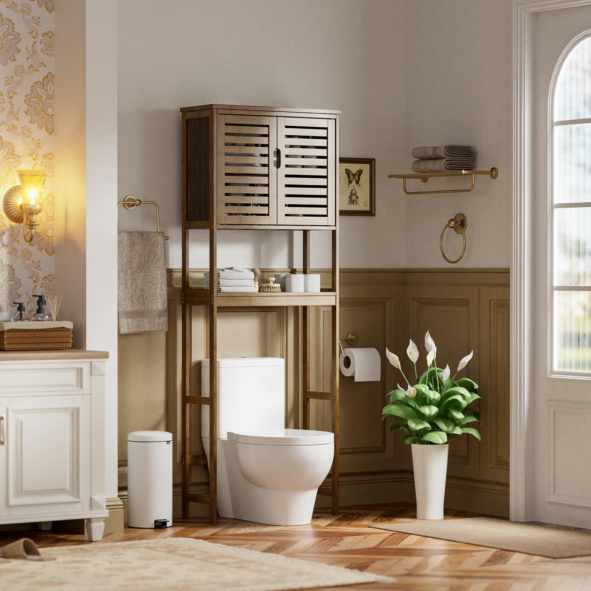 SMIBUY Bad Lagerung Regal mit Schrank, Bambus über die Toilette Veranstalter Rack, freistehende Toilette Platzsparer mit 3-Tier verstellbare Regale (Walnuss)