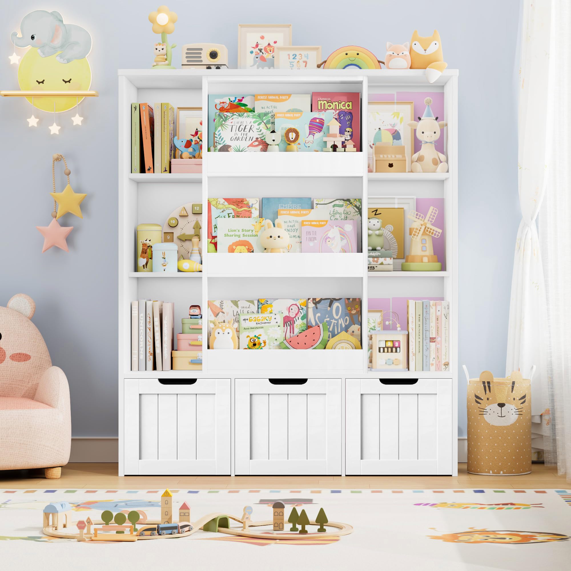 FOREHILL Bibliothèque Enfant avec Porte Coulissante Meuble Rangement Enfant avec 10 Étagères 3 Tiroirs Roulants Meubles Rangement Jouet pour Chambre d’Enfants 120,5x37x100cm Blanc