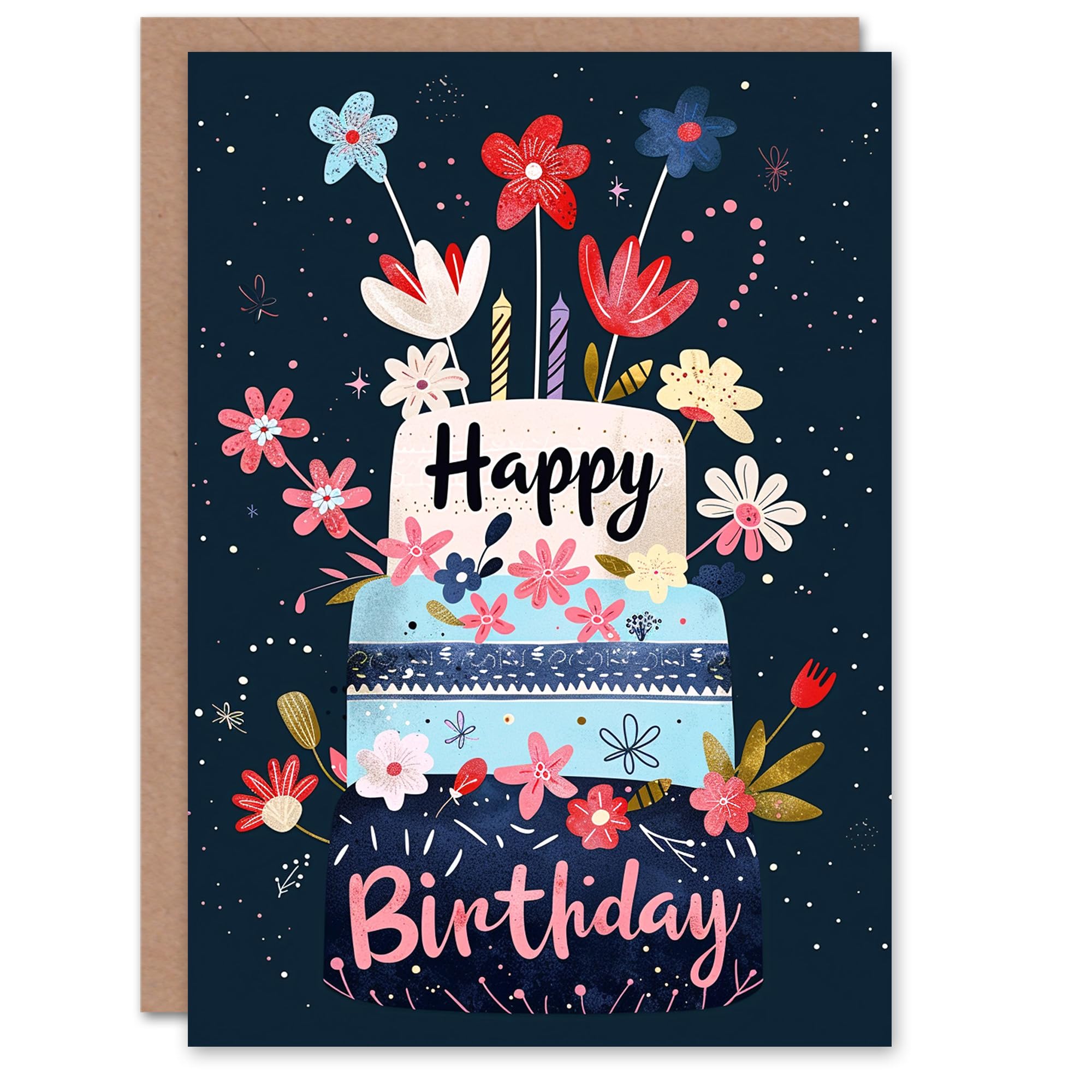 Artery8 Women's Birthday Card Floral Cake Flowers & Candles Greeting Card Dark Navy