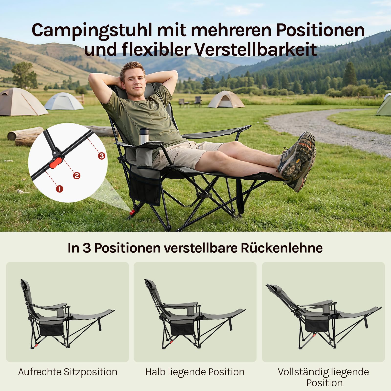 WOLTU Campingstuhl Faltbar 2er Set mit Fußablage, 3 Positionen Verstellbar, mit Getränkehalter Seitentasche, bis 150 kg belastbar, für Camping Angeln Picknicks Strand,Grau