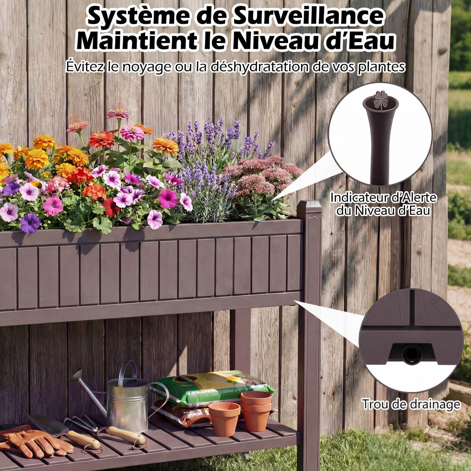 COSTWAY Jardinière Surélevée avec roulettes, Lit de Jardin avec Moniteur d’Eau, Trou de Drainage Étagère de Rangement, Bac à Plantes Divisible Élevé pour Légumes Herbes Fleurs