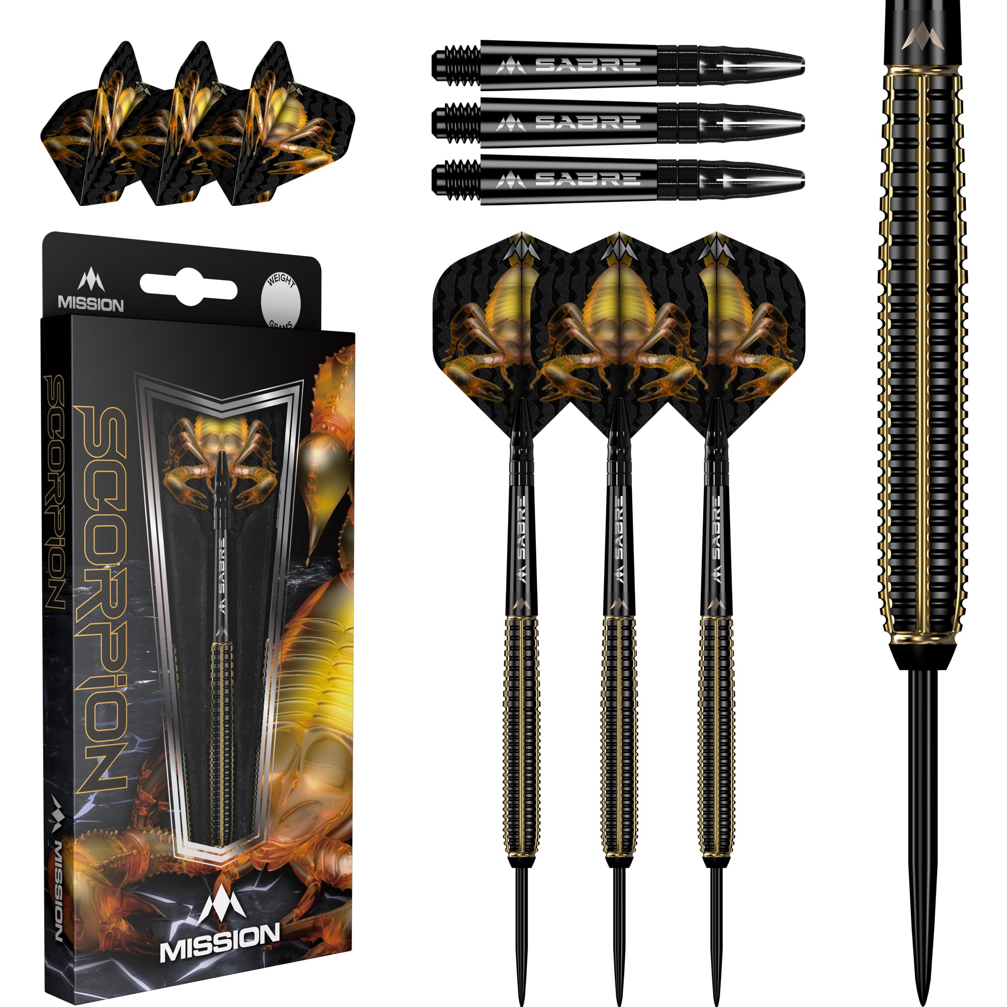 Mission Darts | Scorpion Darts | Black & Gold | Electro Plate | Steel Tip Darts Set | 90% Tungesten | Available in Multiple Weighs. (22, Grams)