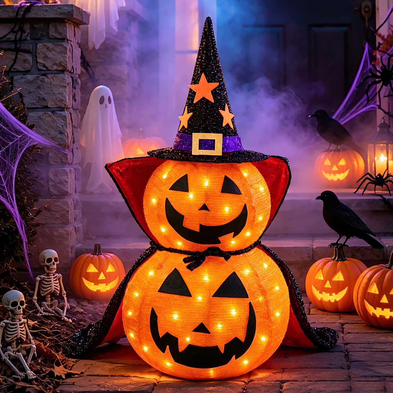 Halloween Kürbis Dekorationen, Lichter mit 50 LED-Lichtern, Faltbarer Kürbis mit Hexenhut-Lichtern, Dekorationen für den Innen- und Außenbereich, Hof, Urlaub, Gartendekoration (85cm)