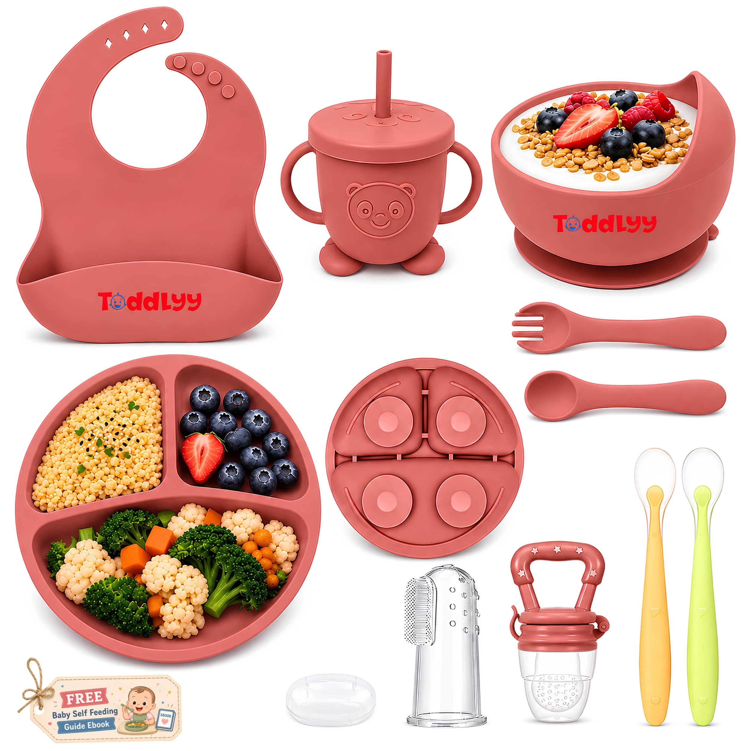 10 Pcs Silicone Baby Feeding Set for Toddlers 6+ Months | Baby Led Weaning Self Feeding Kit | Suction Plate & Bowl, Bib, Cup, Spoon & Fork, Fruit Feeder, Finger Brush | FDA | Free Ebook (Dark Pink)-picture-30
