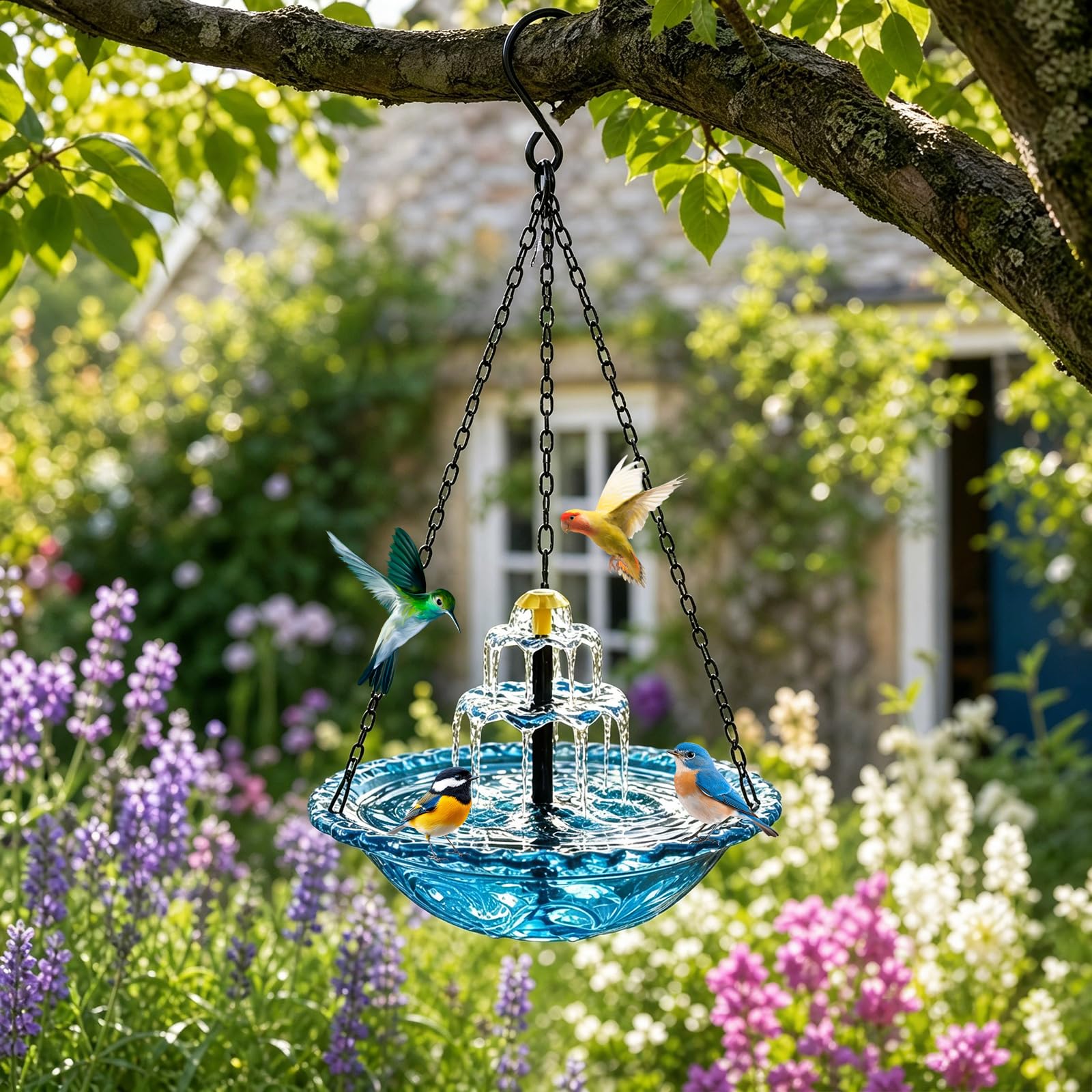 HENGBIRD Bagno per Uccelli da Appendere, Fontana Solare da Giardino - Vaschetta Blu Leggera con Cascata, Abbeveratoio per Uccelli per Balcone, Terrazzo ed Esterno