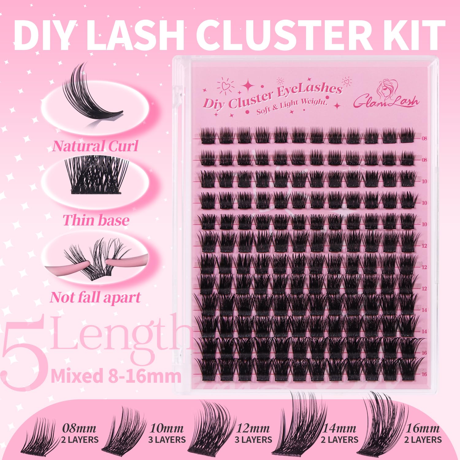 Ciglia Finte Ciuffetti Kit Extension Ciglia Lash Clusters con Bond e Rimuoviciglia 8-16mm,DIY Eyelash Extension Kit (DM-FD32)
