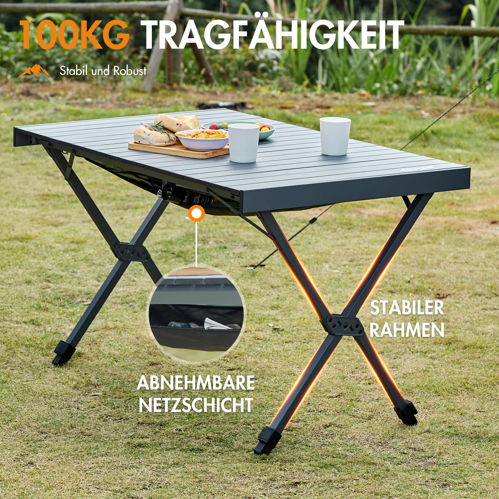 PORTAL Campingtisch faltbar Höhenverstellbar Klapptisch Aluminium 108 x 71cm rollbar Camping Tisch klappbar Falttisch leicht für Picknick Party Garten Wandern Reisen
