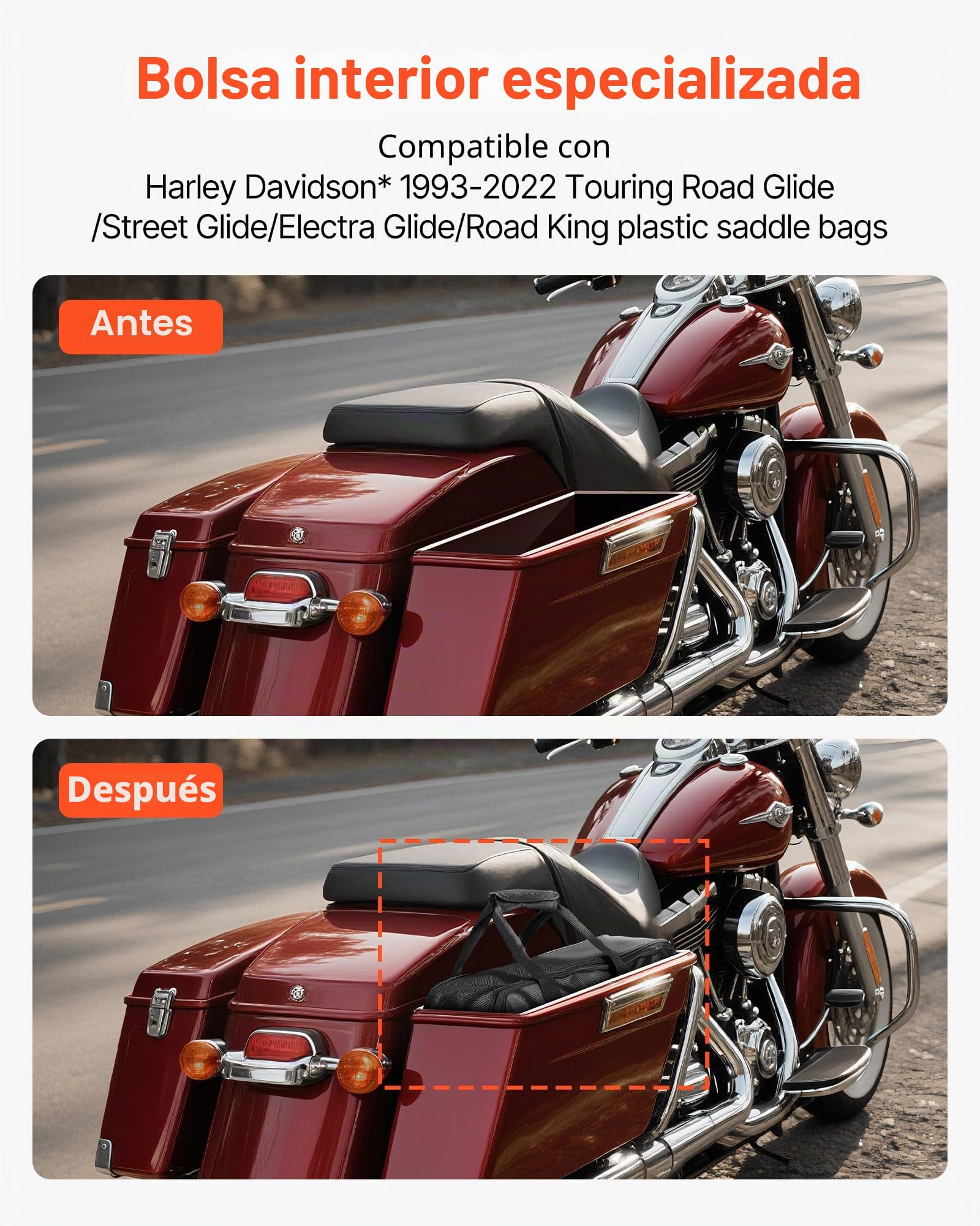 VEVOR Bolsa Interior para Alforja de Motocicleta de 18 L, para Equipaje de Viaje, Compatible con Harley Davidson Touring Road/Street Glide/Electra Glide/Road King 1993-2022, 450 x 265 x 155 mm