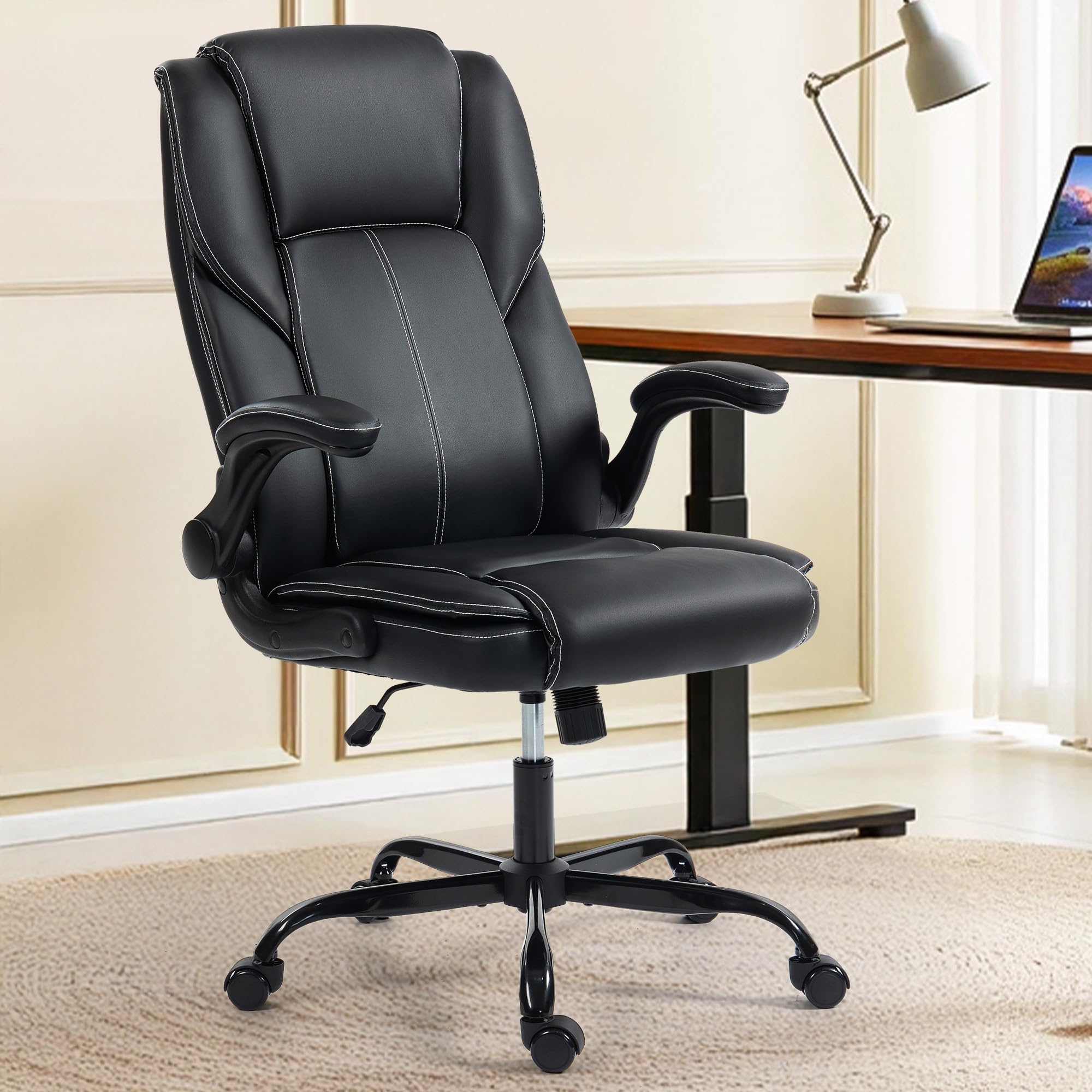 Office Chair - Executive Leather High Back Office Desk Chair with Rocking Function - Ergonomic Breathable Comfortable Wide Swivel Rolling Gaming