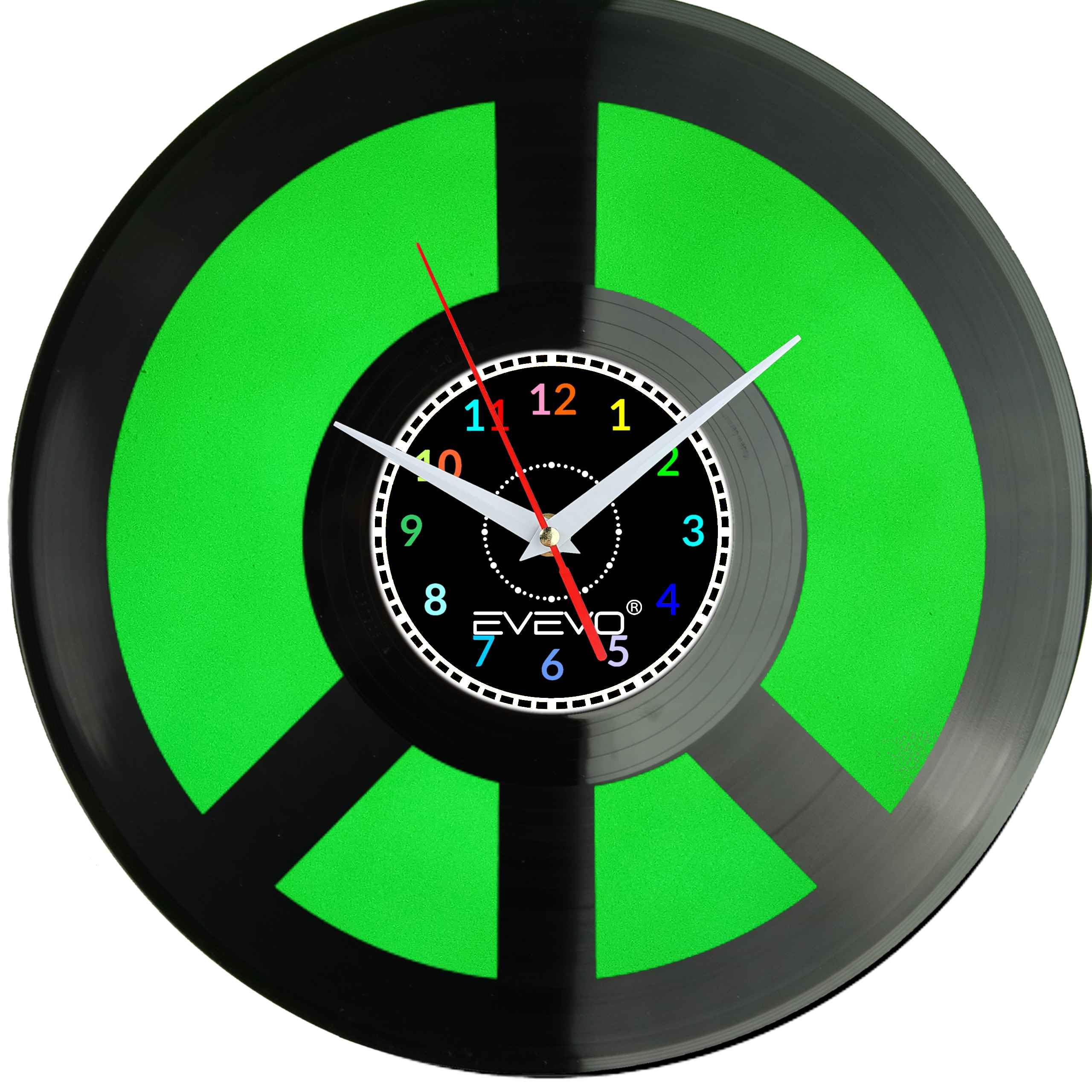 Horloge mur peace sign en vinyle noir Evevo F0040 pour déco chambre