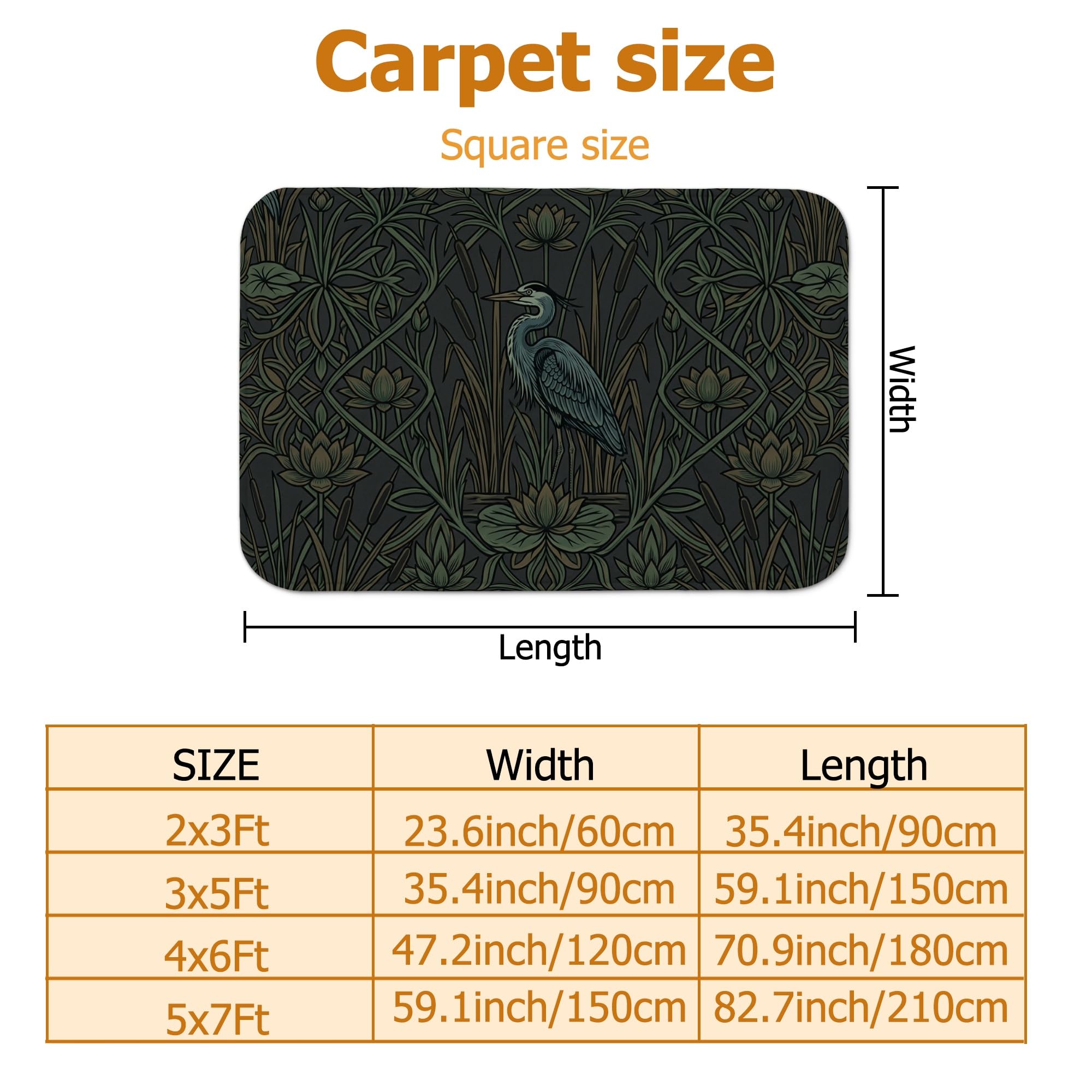 Heron - Alfombra de área natural botánica con cañas de lirio de agua, color verde oscuro, esponja de pelo bajo, alfombra rectangular suave resistente a las manchas para sala de estar, dormitorio