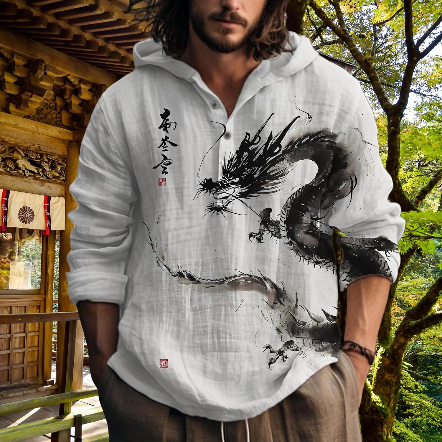 MARSVOVO Hooded Long Sleeve Shirt Men Fashion Graphic Button Up Lightweight Big and Tall Casual Vacation Shirts for Men - Image 2