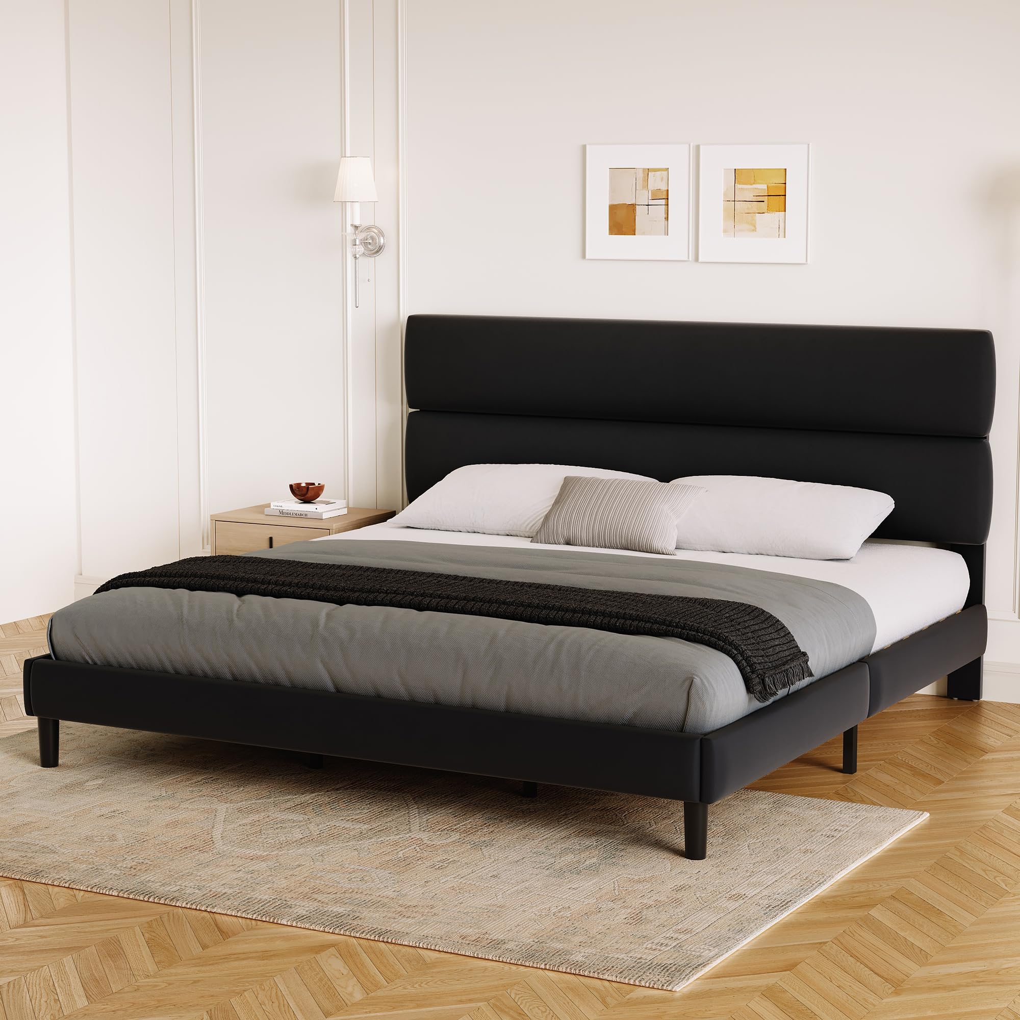 Best Black King Bed Frame Picks for 2026 5 GRUSIGN King Size Platform Bed Frame with Velvet Headboard, Adjustable Height Wo — product photo