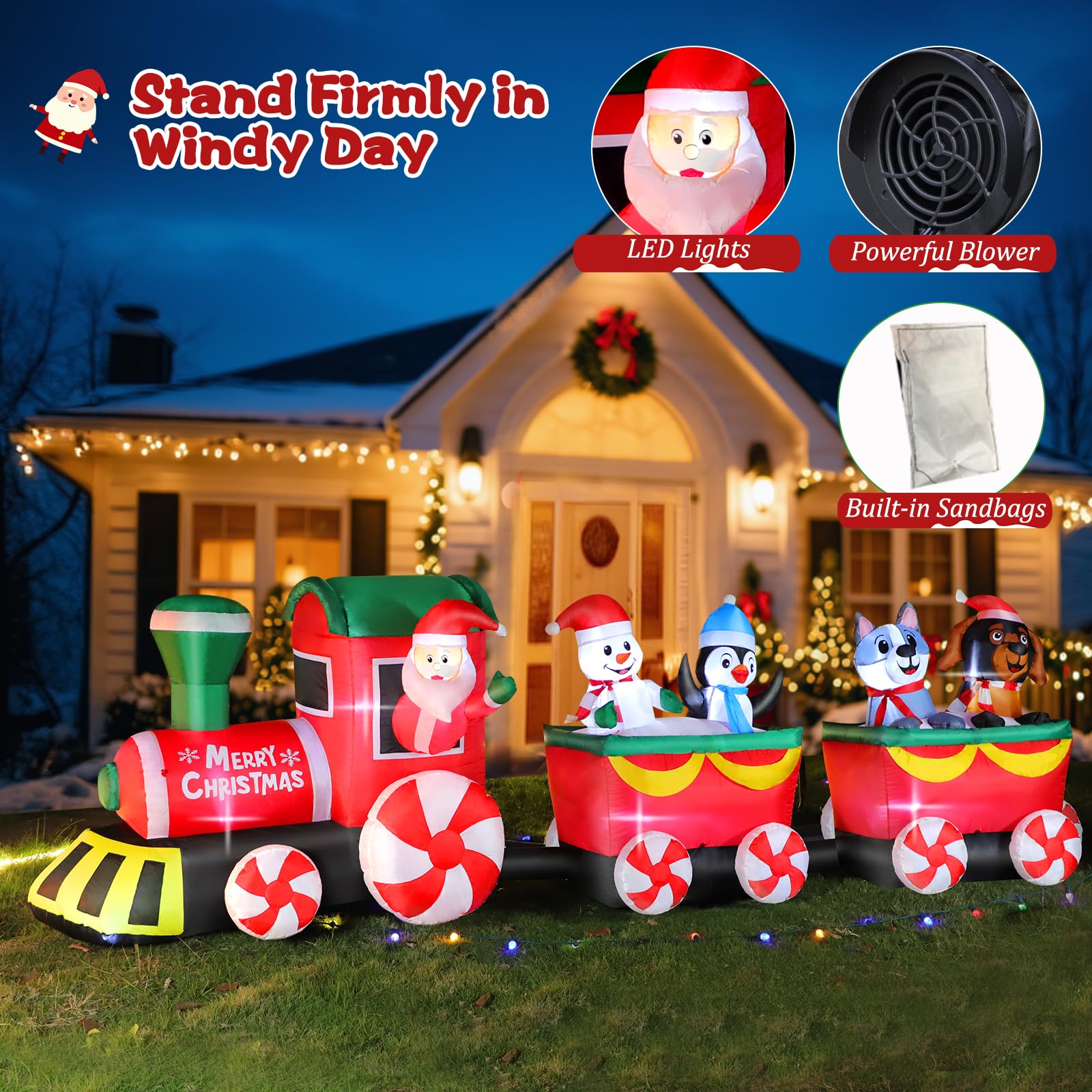 360cm / 12ft Aufblasbarer Weihnachtszug mit Weihnachtsmann-Schneemann-Pinguin-Hund, Aufblasbare Weihnachts Dekoration, Integriertem LED-Licht, Weihnachtsfeier, Festival, Garten, Rasen, Hofdekoration