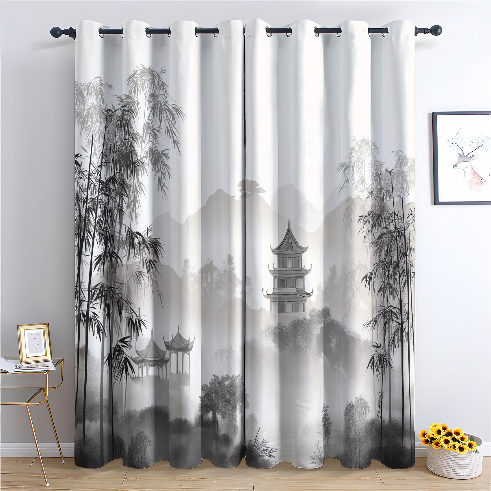 Venivici Japanese Blackout Curtains for Bedroom Living Room - 84 Inch Drop Curtains Eyelet, Traditional Oriental Ink Wash Patterned Window Treatments, Thermal Insulated Drapes 52x84 2 Panels