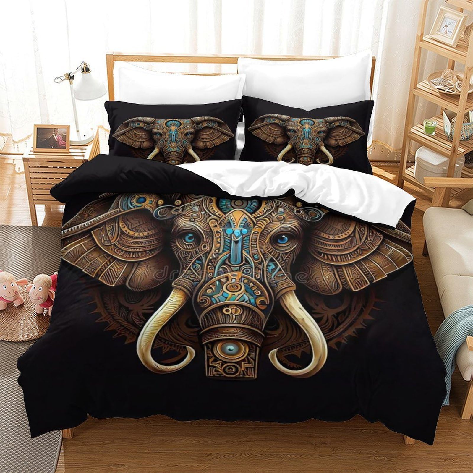 LILIlaobiao Boho Theme Bedding Set Double（200x200cm）, Elephant Duvet Cover Set with Pillowcases, 3D Boho Quilt Cover Soft Microfiber for Kids Adults