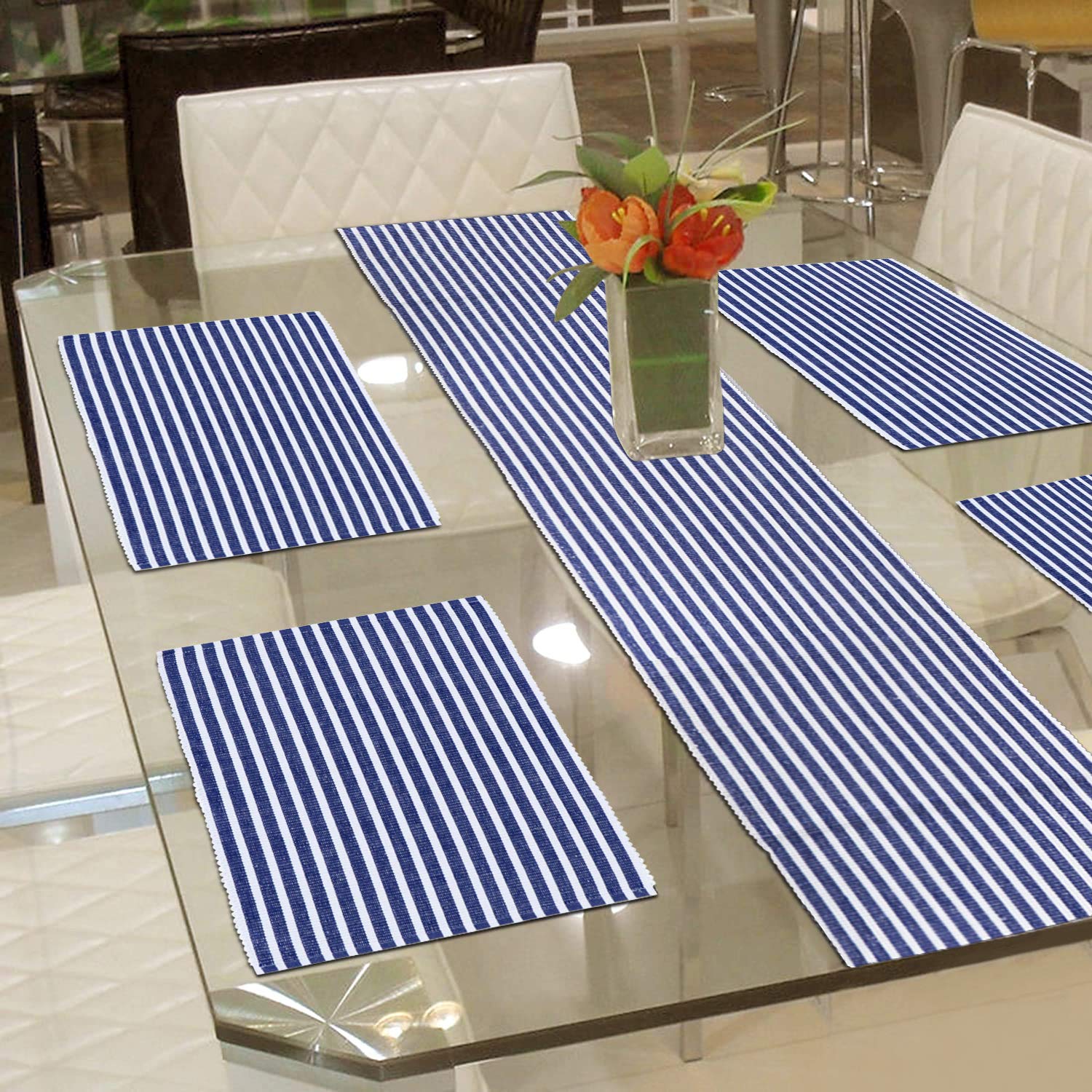 HOKIPO Blue Ribbed Placemats & Table Runner -4