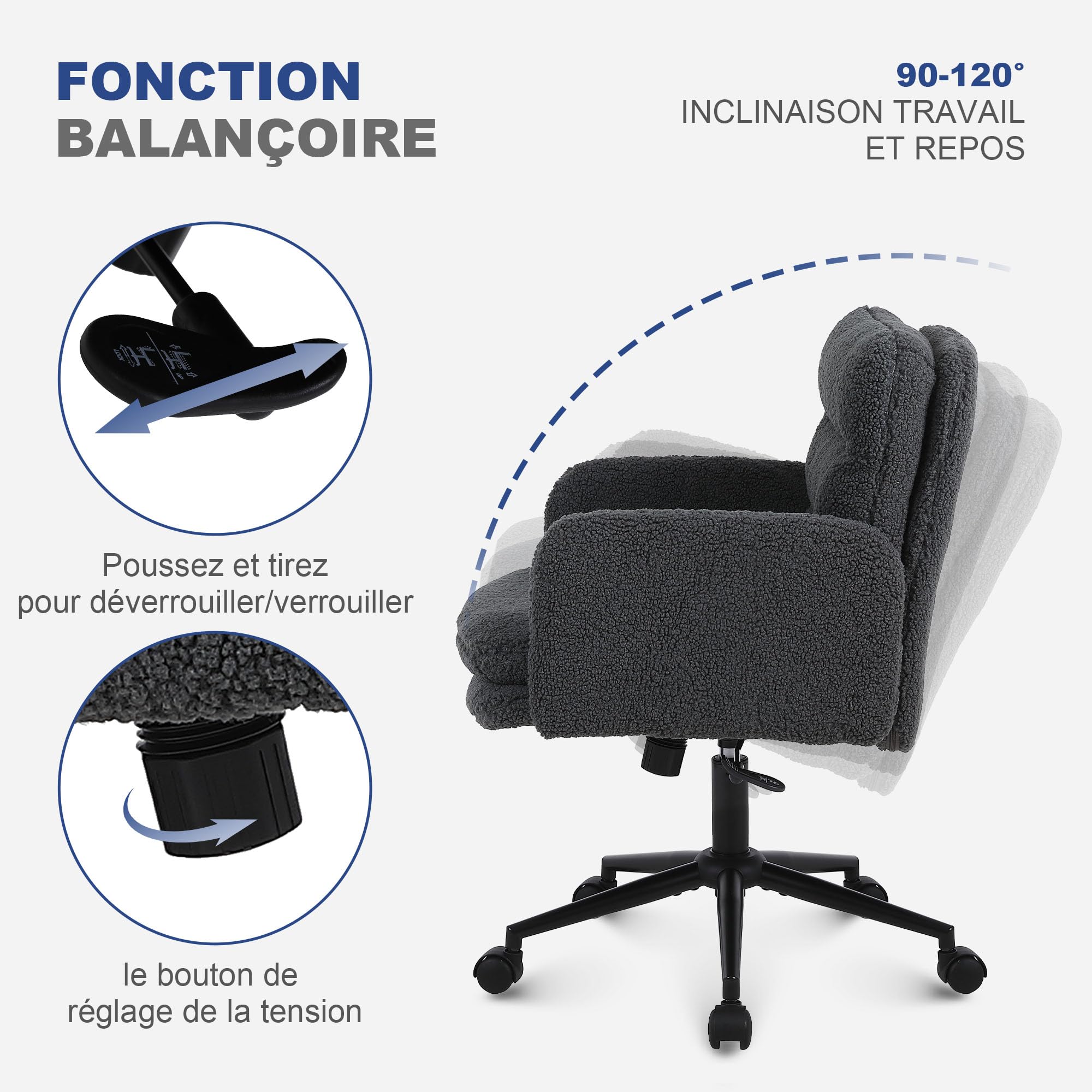 Youhauchair Chaise de Bureau, Imitation Cachemire, Chaise de Maquillage Confortable avec Hauteur réglable, Chaise Ergonomique de Bureau pour la Maison et la Chambre, Gris foncé